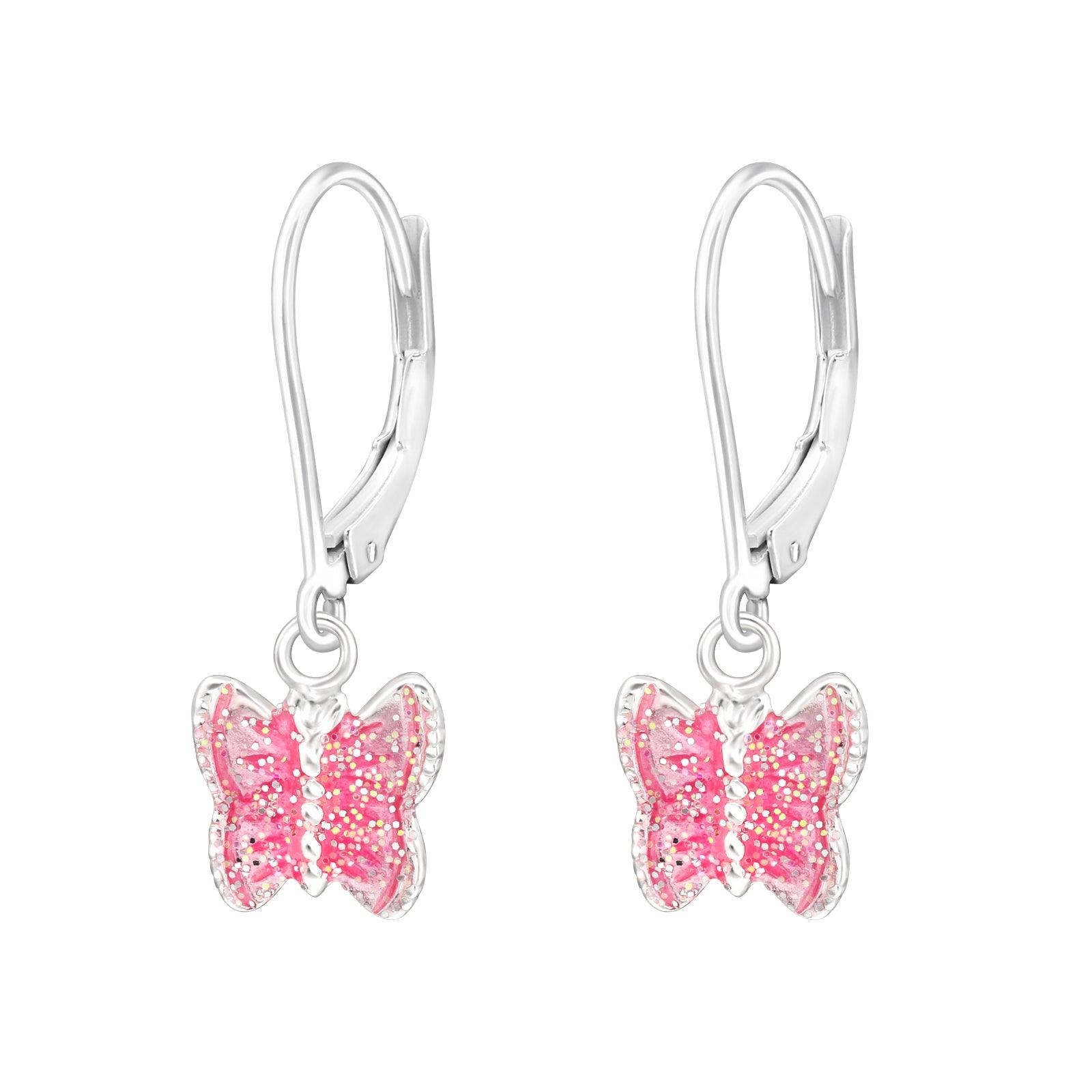 Children's silver earrings, Shiny Butterfly -pink butterfly earrings