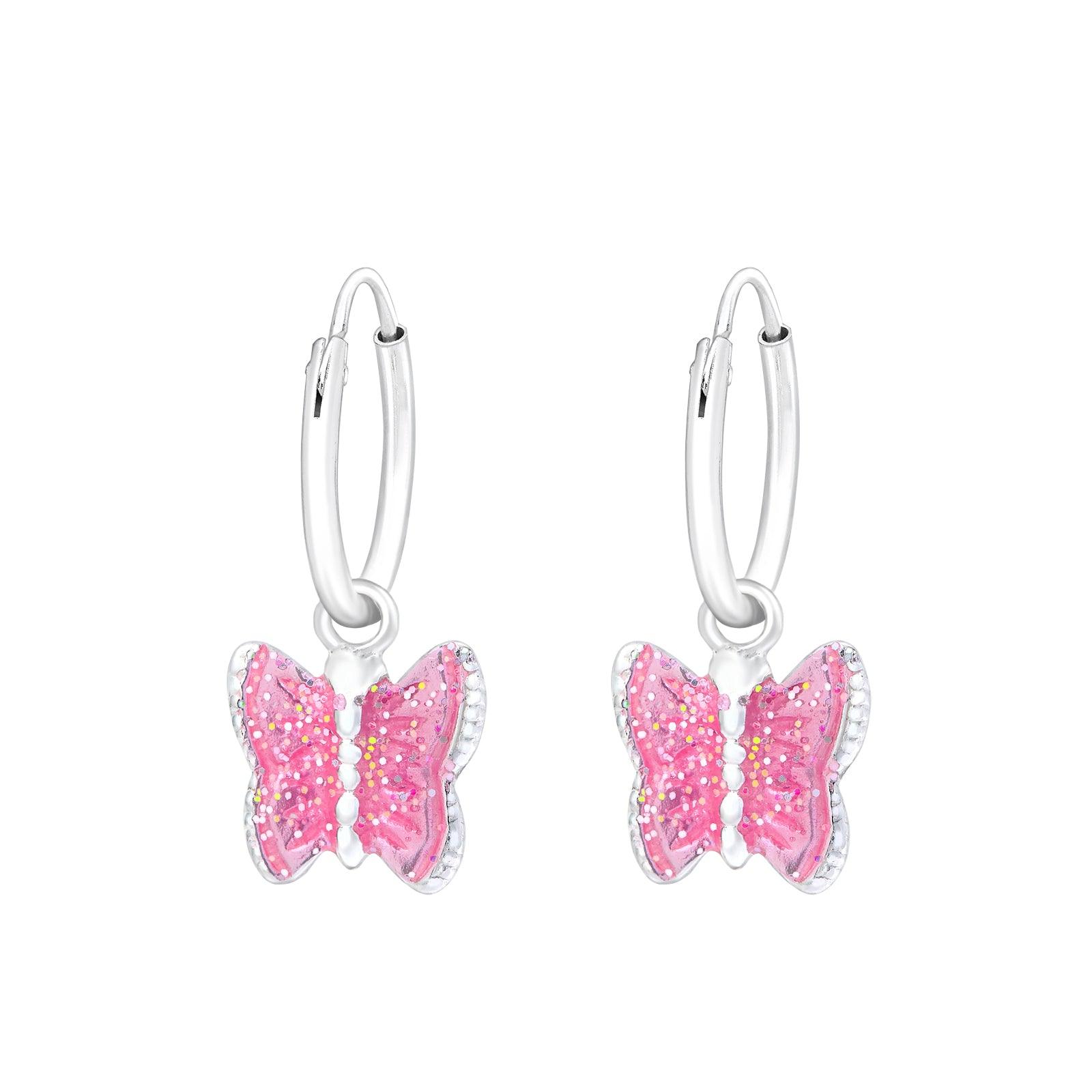 Children's silver rings, Shiny Butterfly pink butterfly earrings