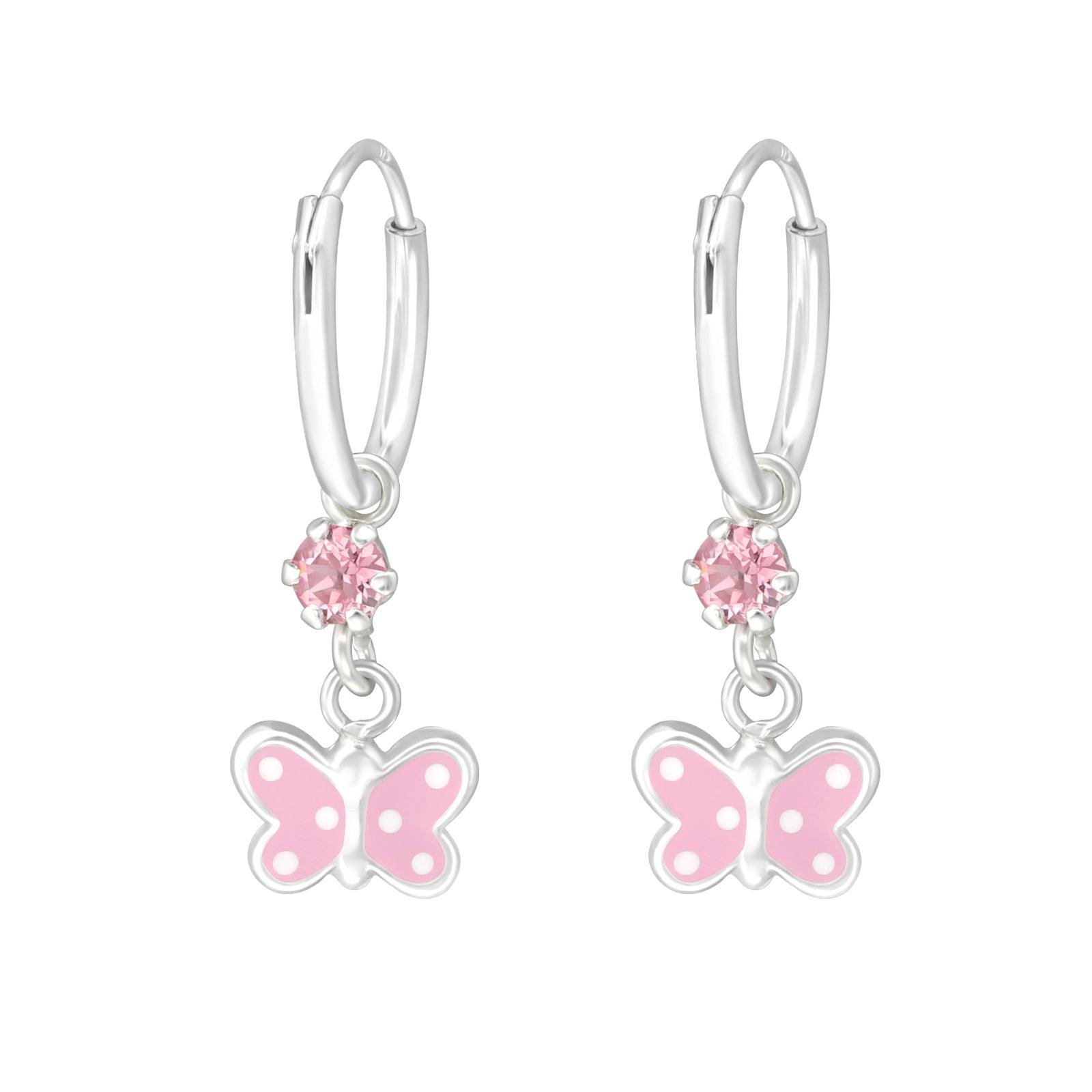 Children's silver rings, Pink Butterfly earrings with stone