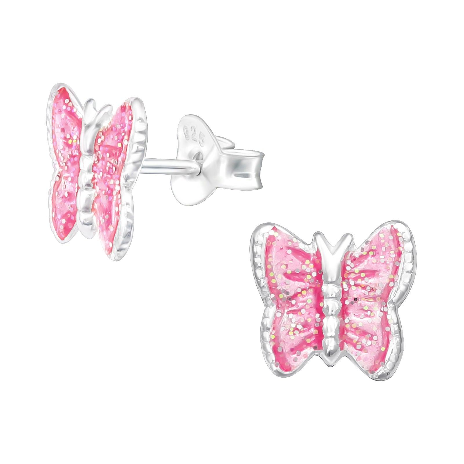 Children's silver studs, Shiny Butterfly -pink butterfly earrings