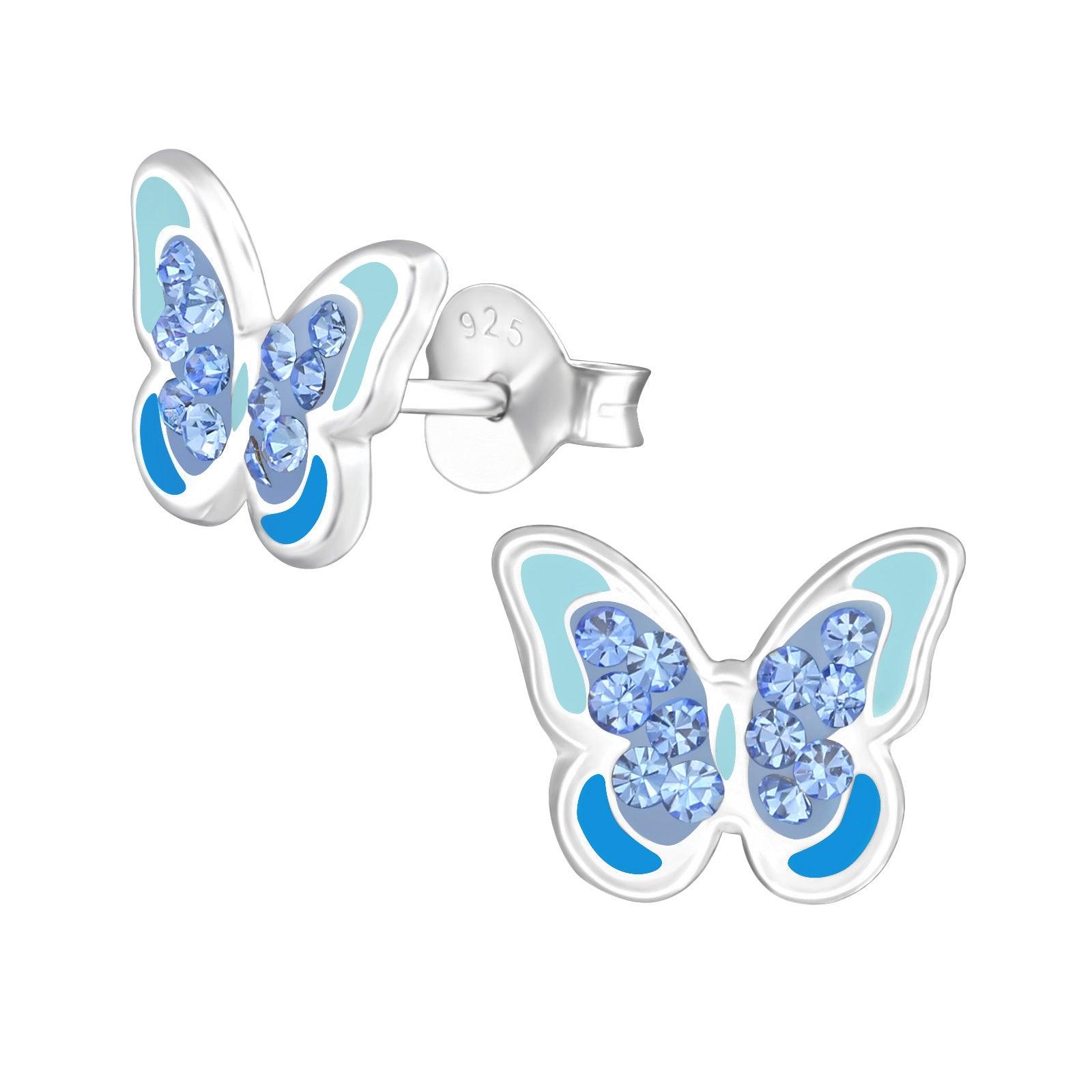 Children's silver studs, Butterfly blue earrings