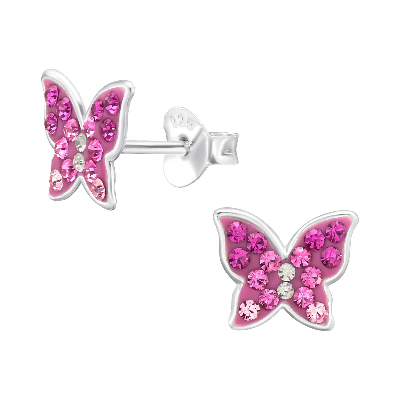 Children's silver studs, Butterfly fuchsia earrings