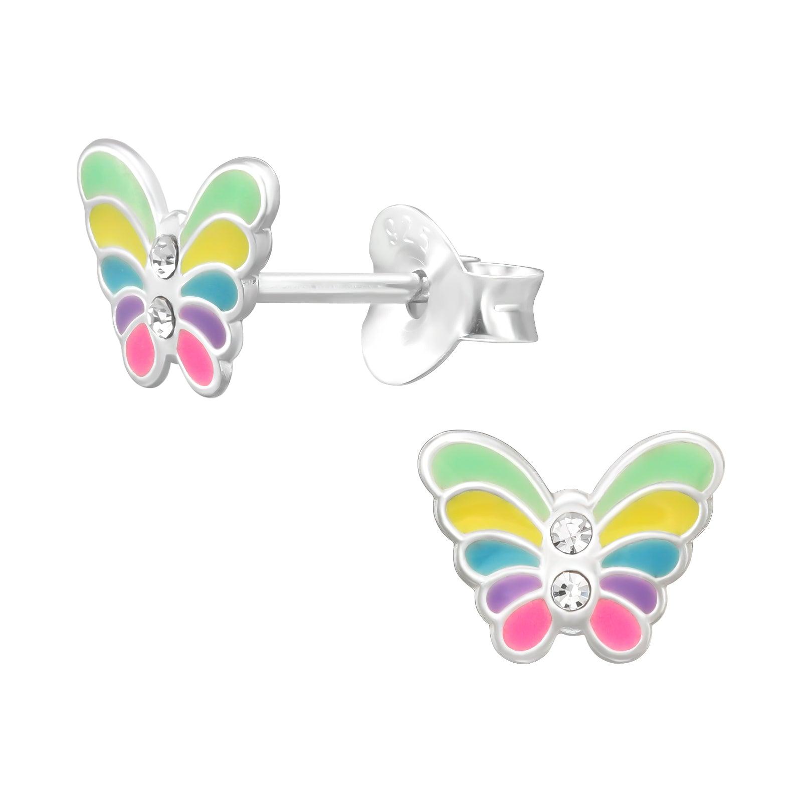 Children's silver studs, Rainbow Butterfly colorful butterfly earrings