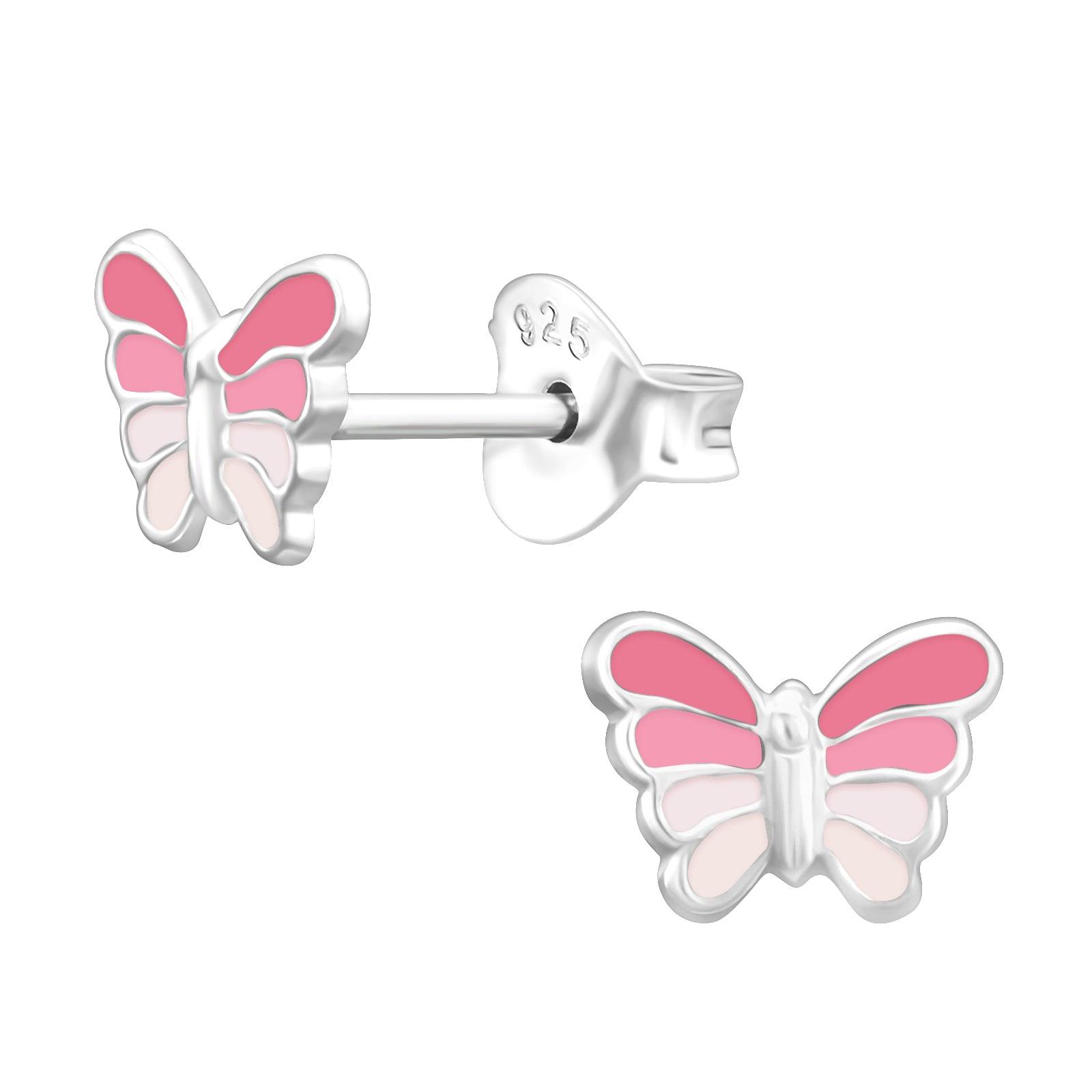 Children's silver studs, Small Butterfly -pink butterfly earrings