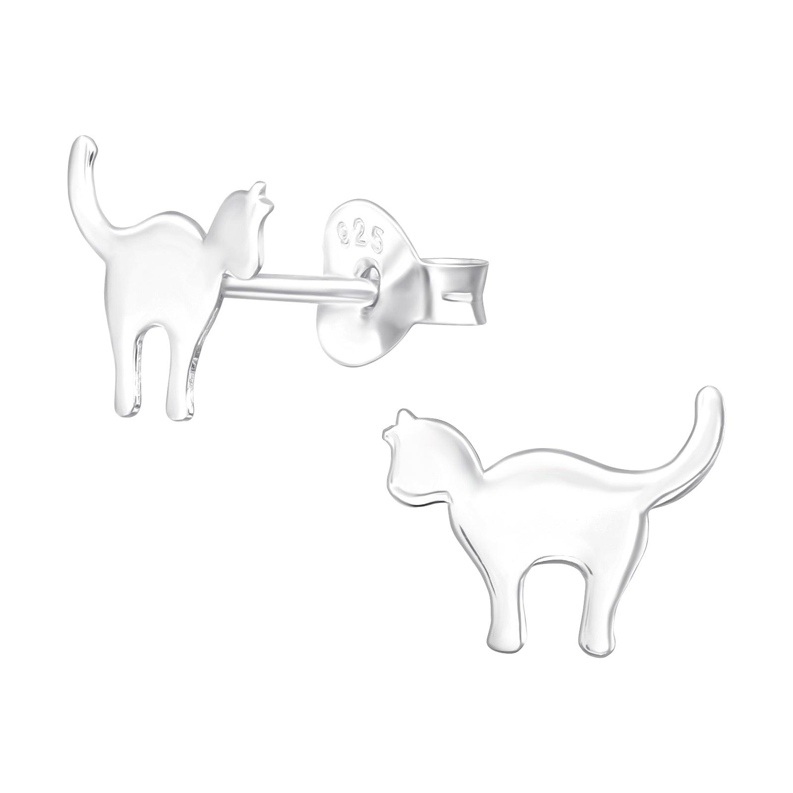 Silver studs, Standing Cat -stoneless cat earrings