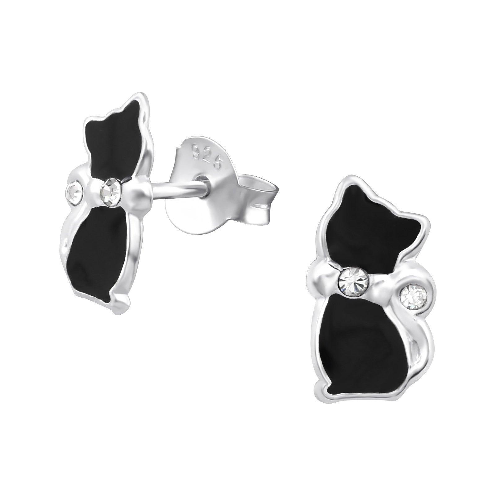 Children's silver studs, Black Kitten earrings with crystals