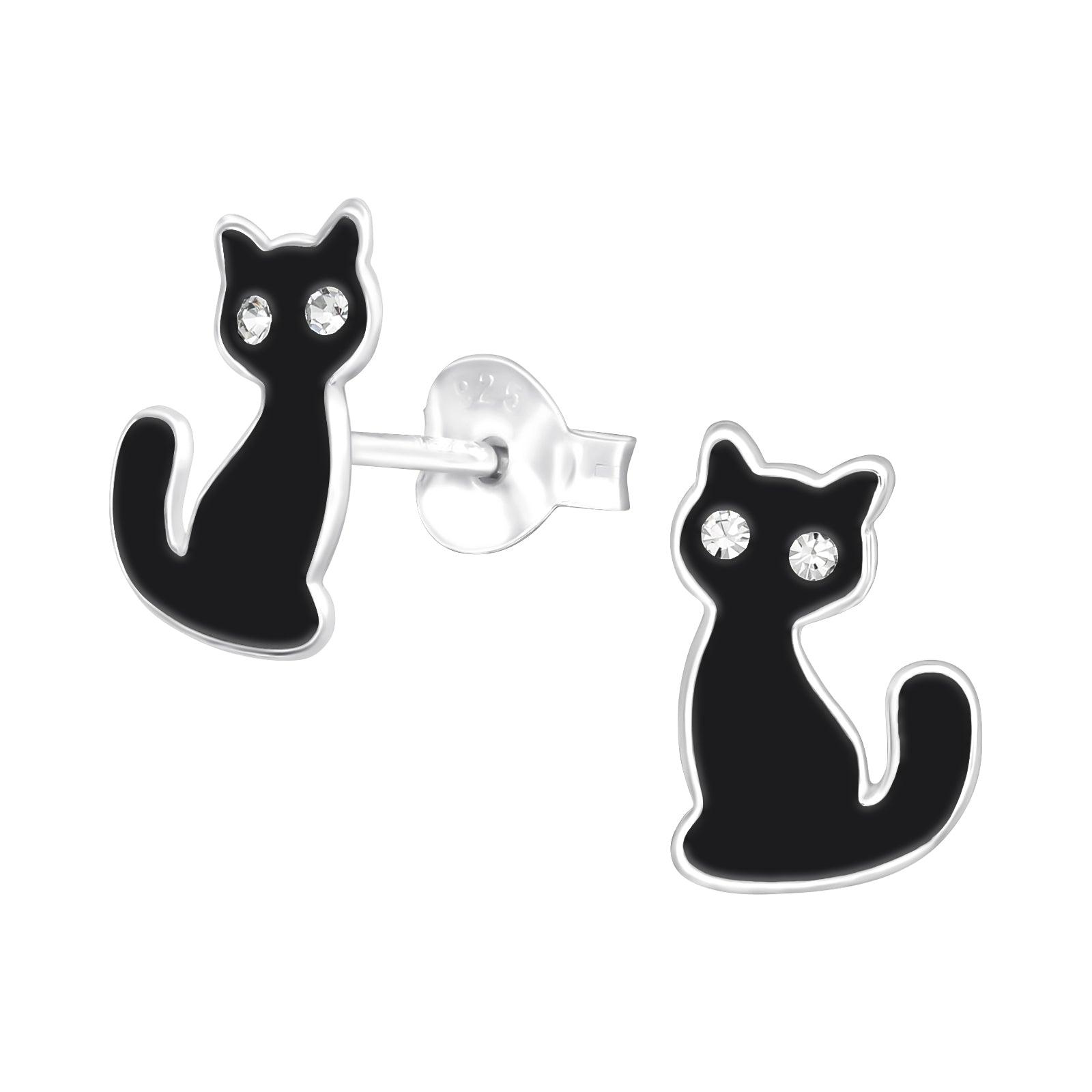 Children's silver studs, Black Cat earrings