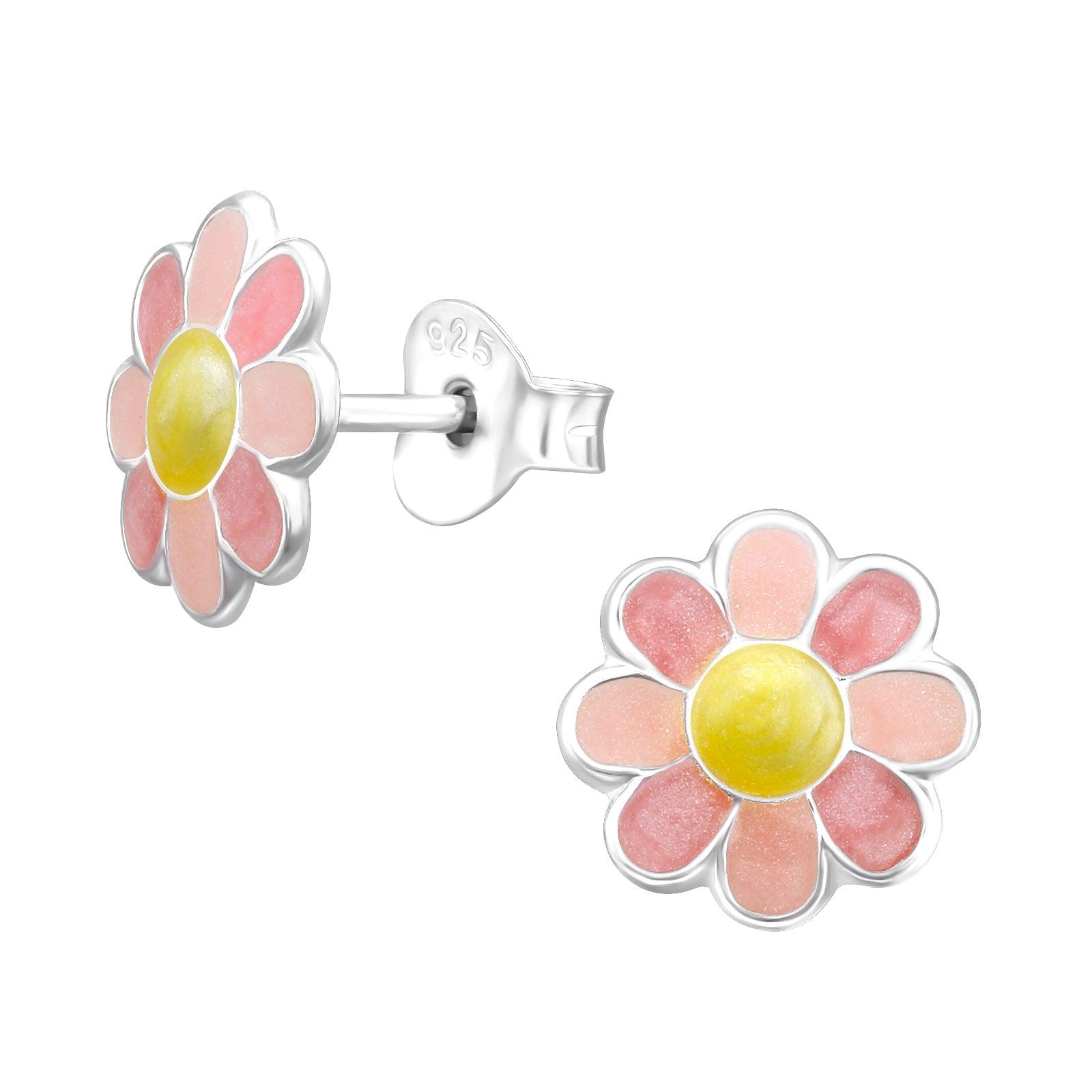 Children's silver studs, Pink Daisy flower earrings