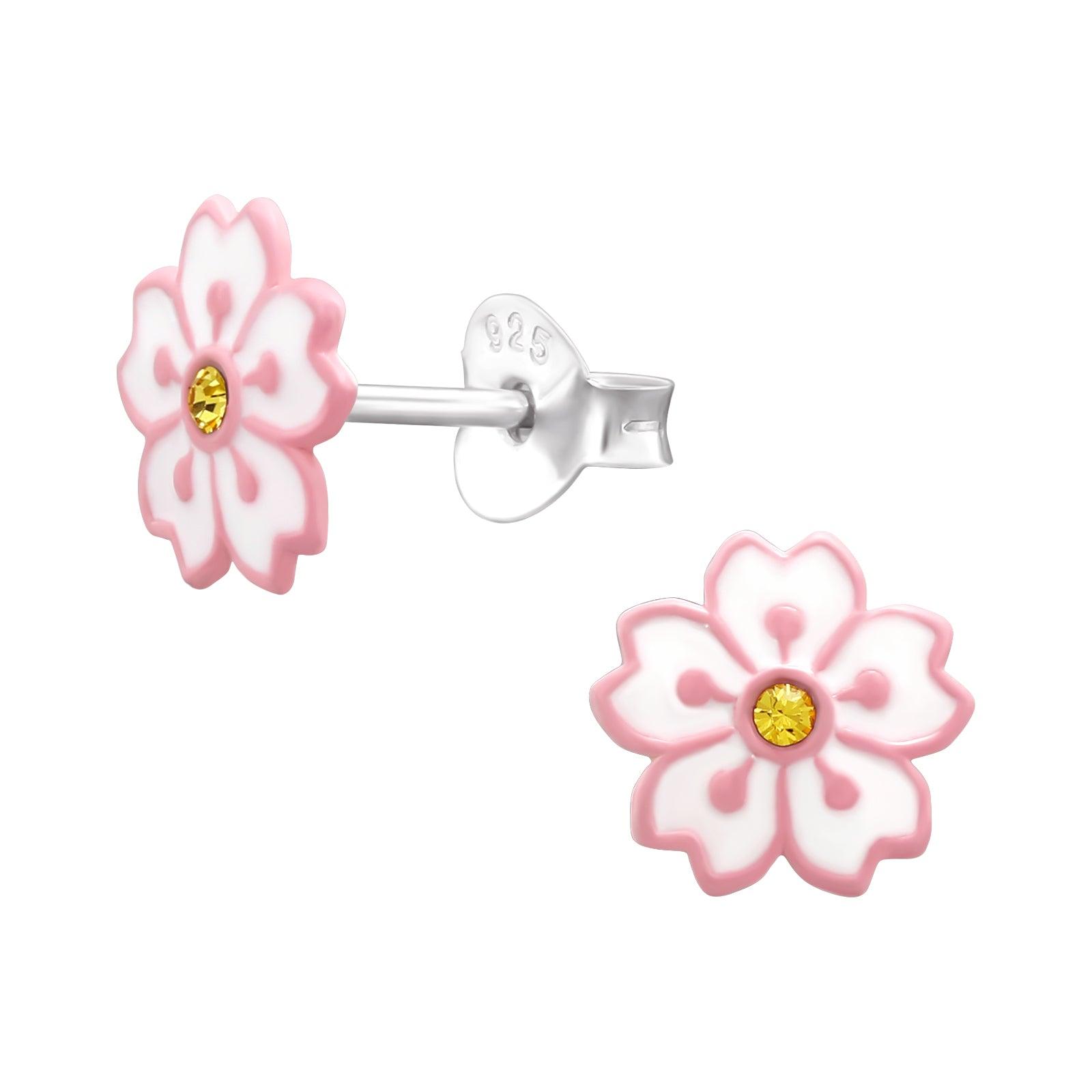 Children's silver studs, Pink Flower earrings