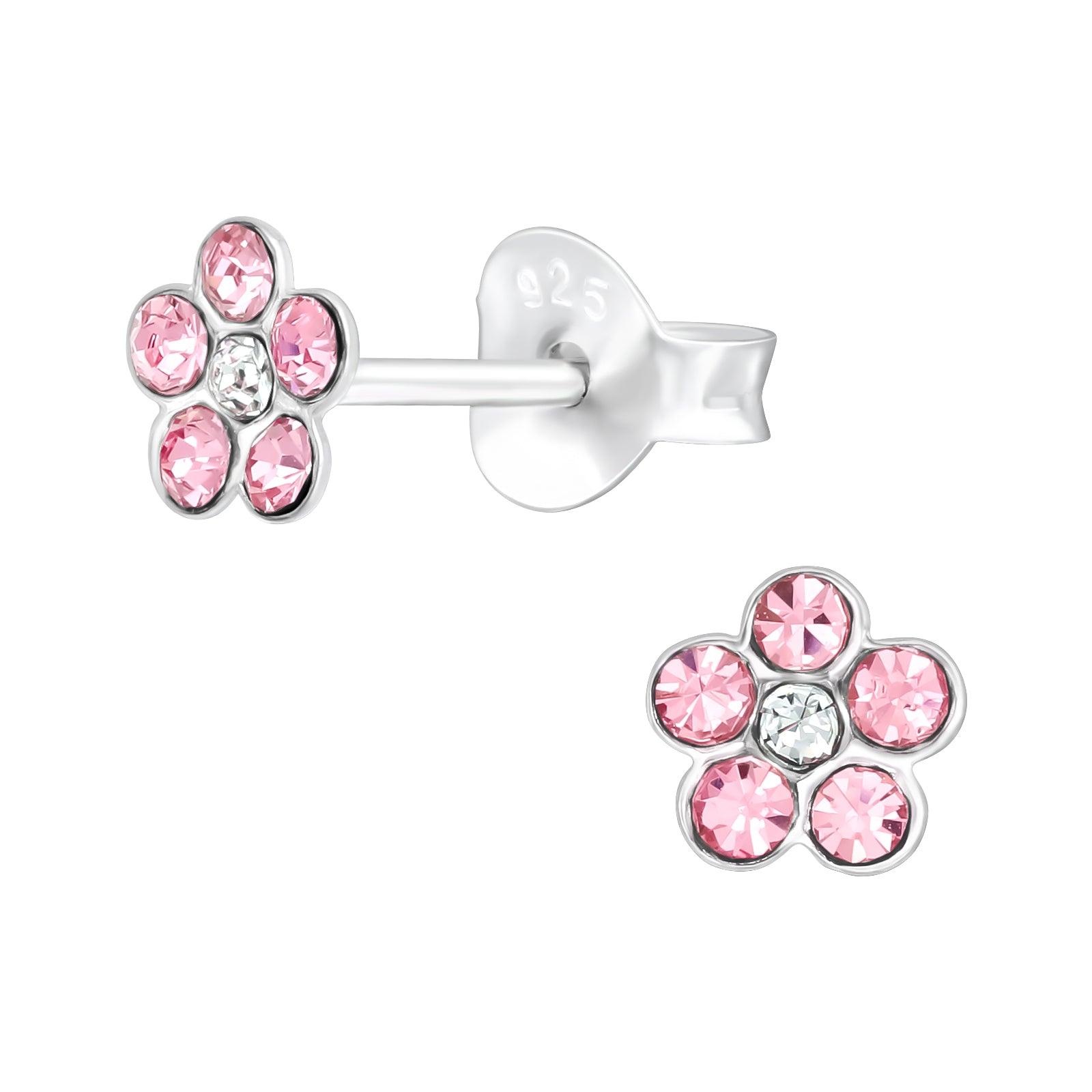 Children's silver studs, Pink Crystal Flower earrings