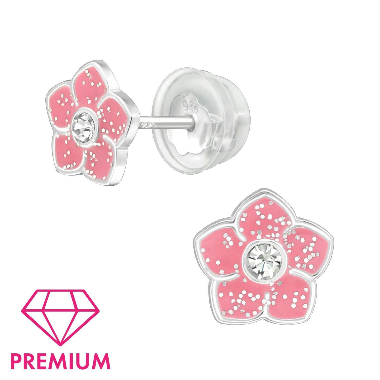 Children's premium silver studs, Pink Glitter Flower earrings