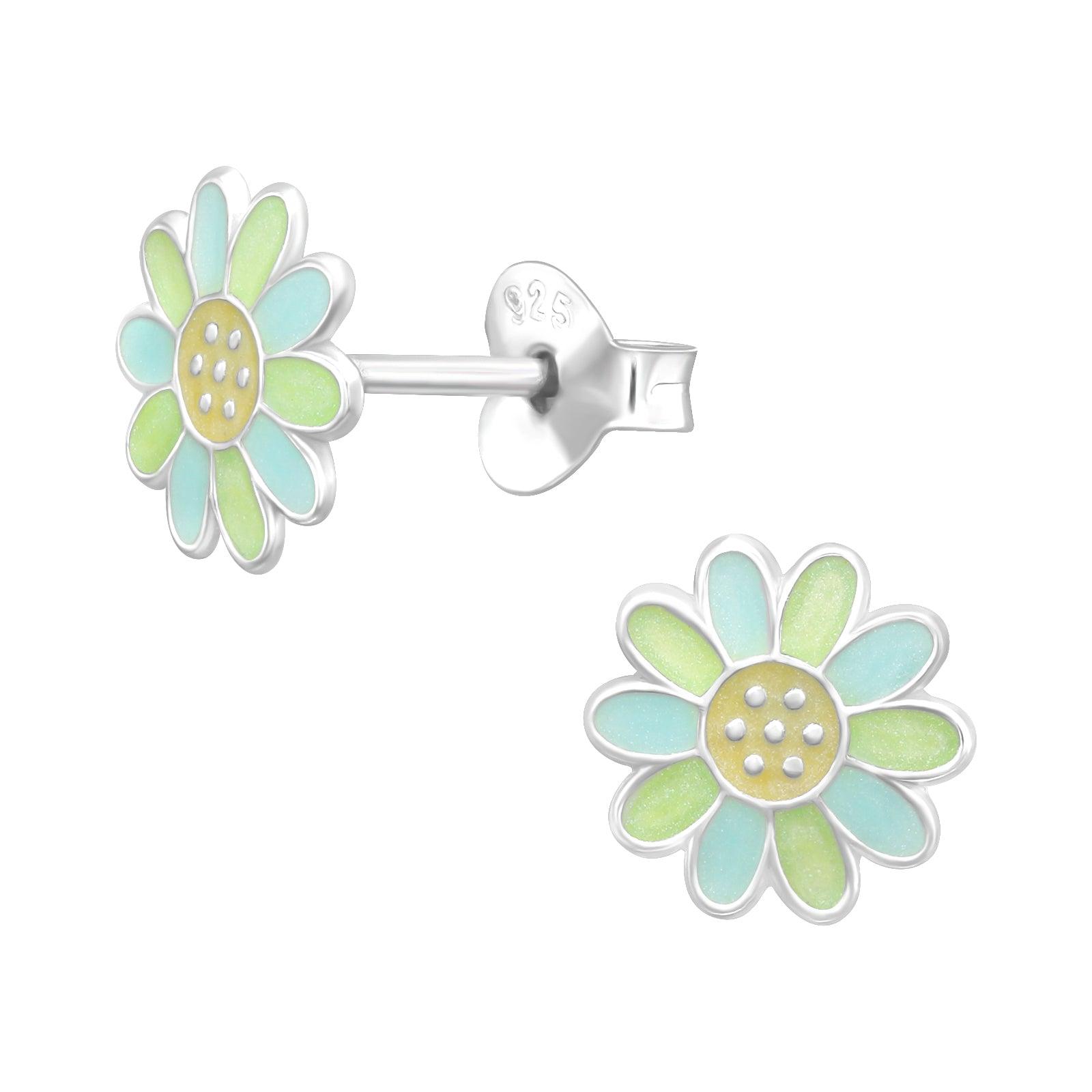 Children's silver studs, Blue Daisy flower earrings