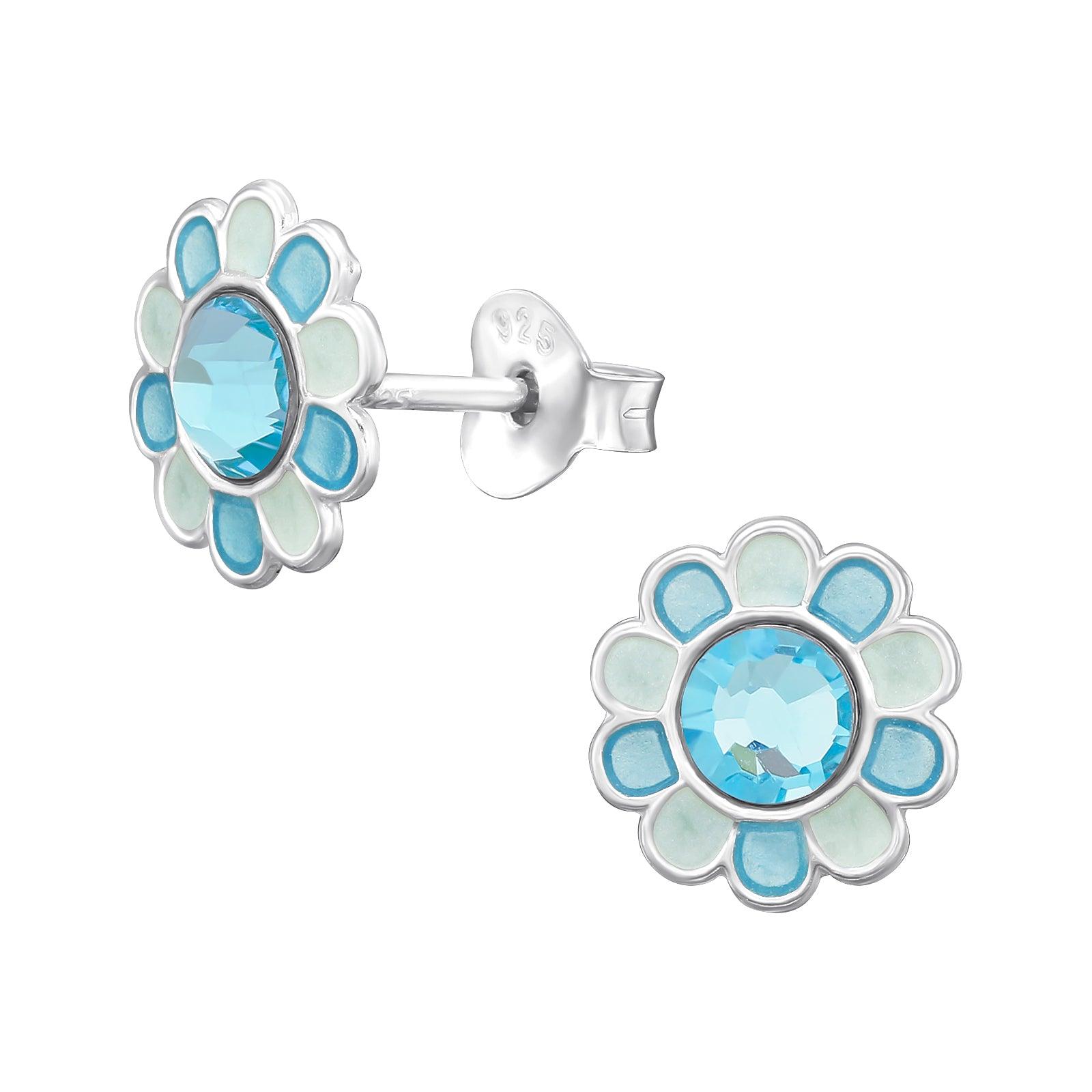 Children's silver studs, Blue Flower earrings