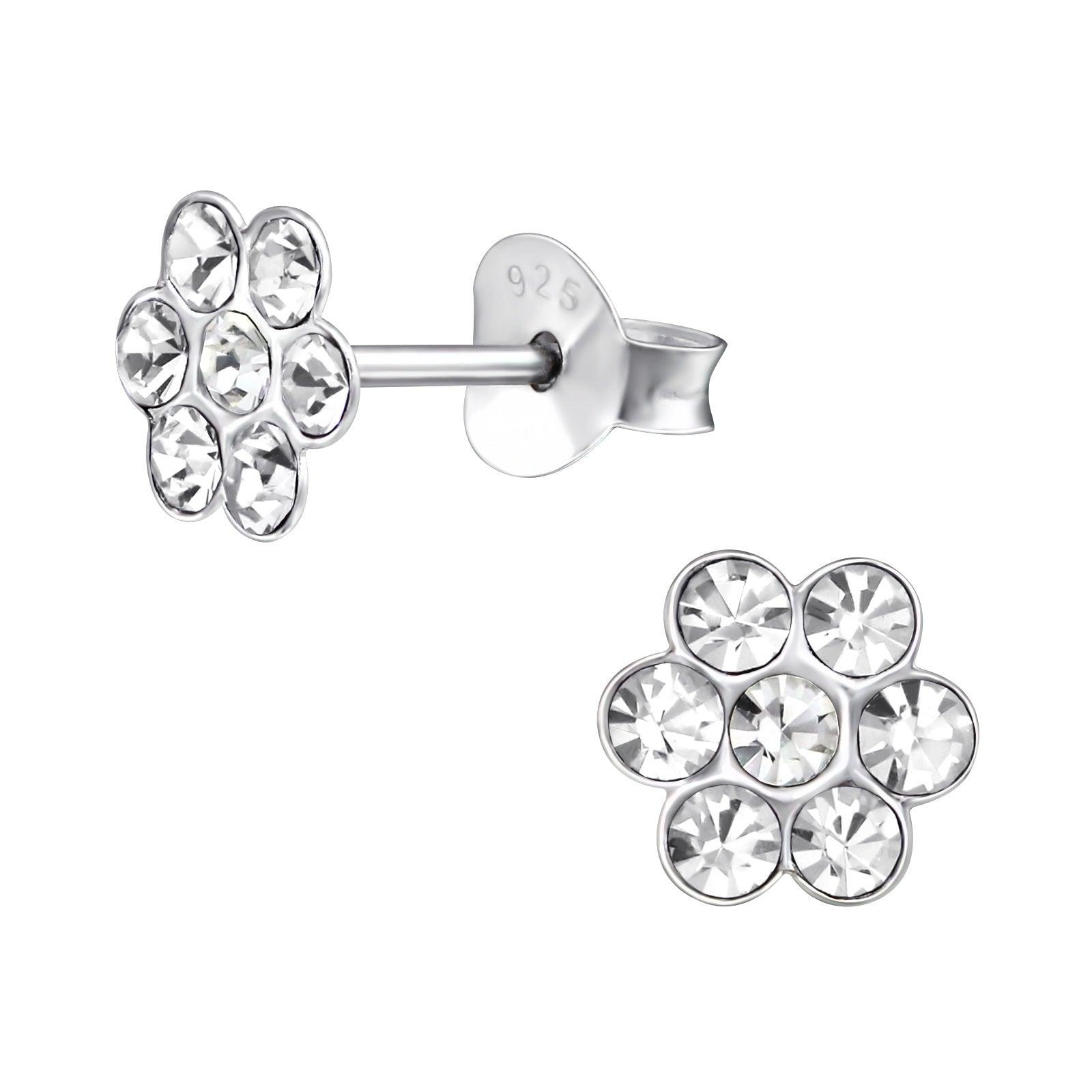 Children's silver studs, Clear Sparkly Flower earrings