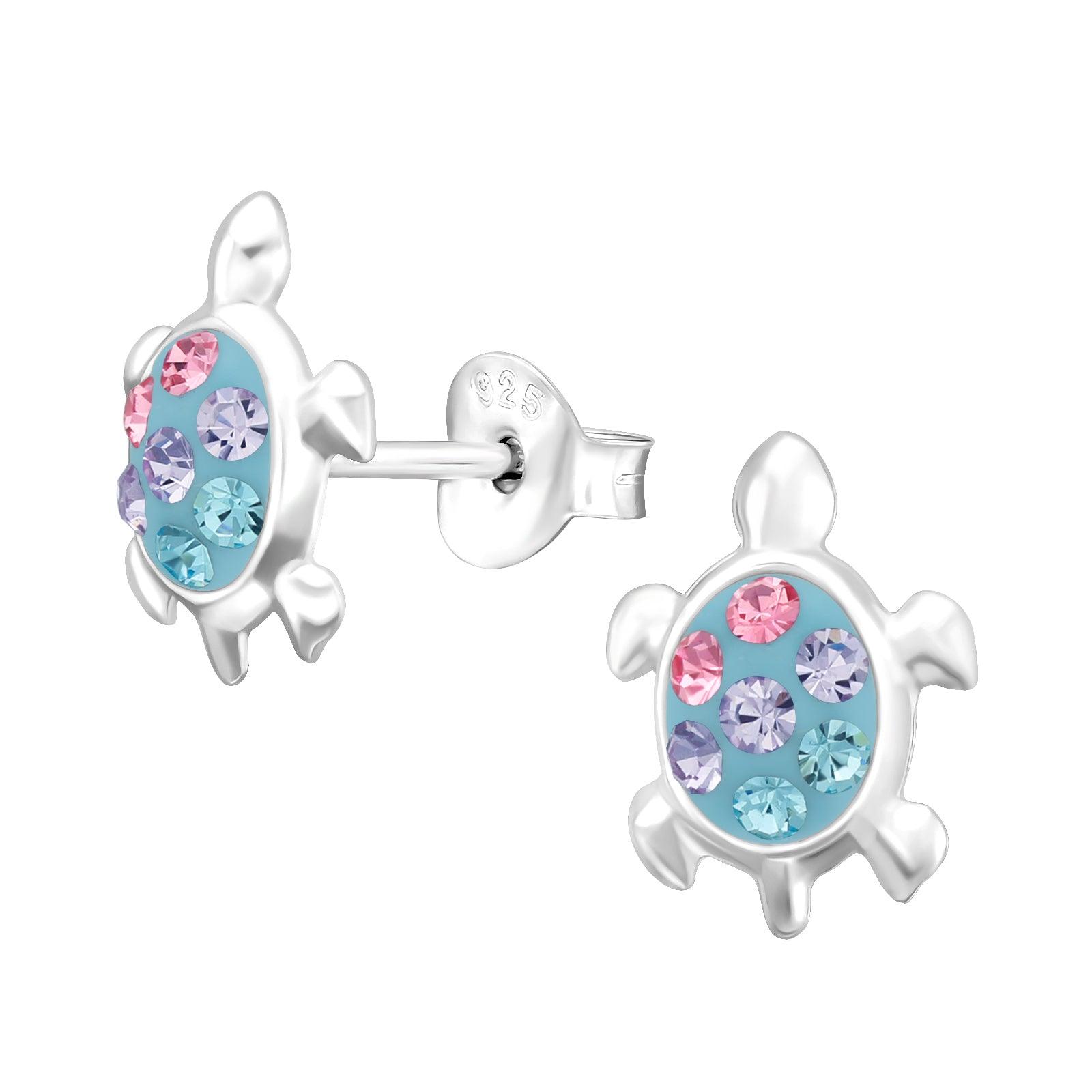 Children's silver studs, Crystal Turtle multi-colored turtle earrings