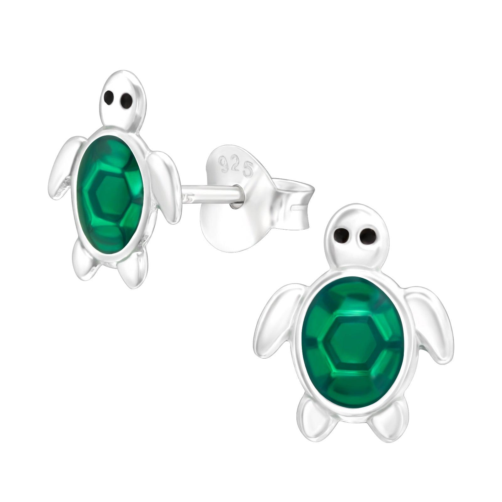 Children's silver studs, Green Turtle earrings