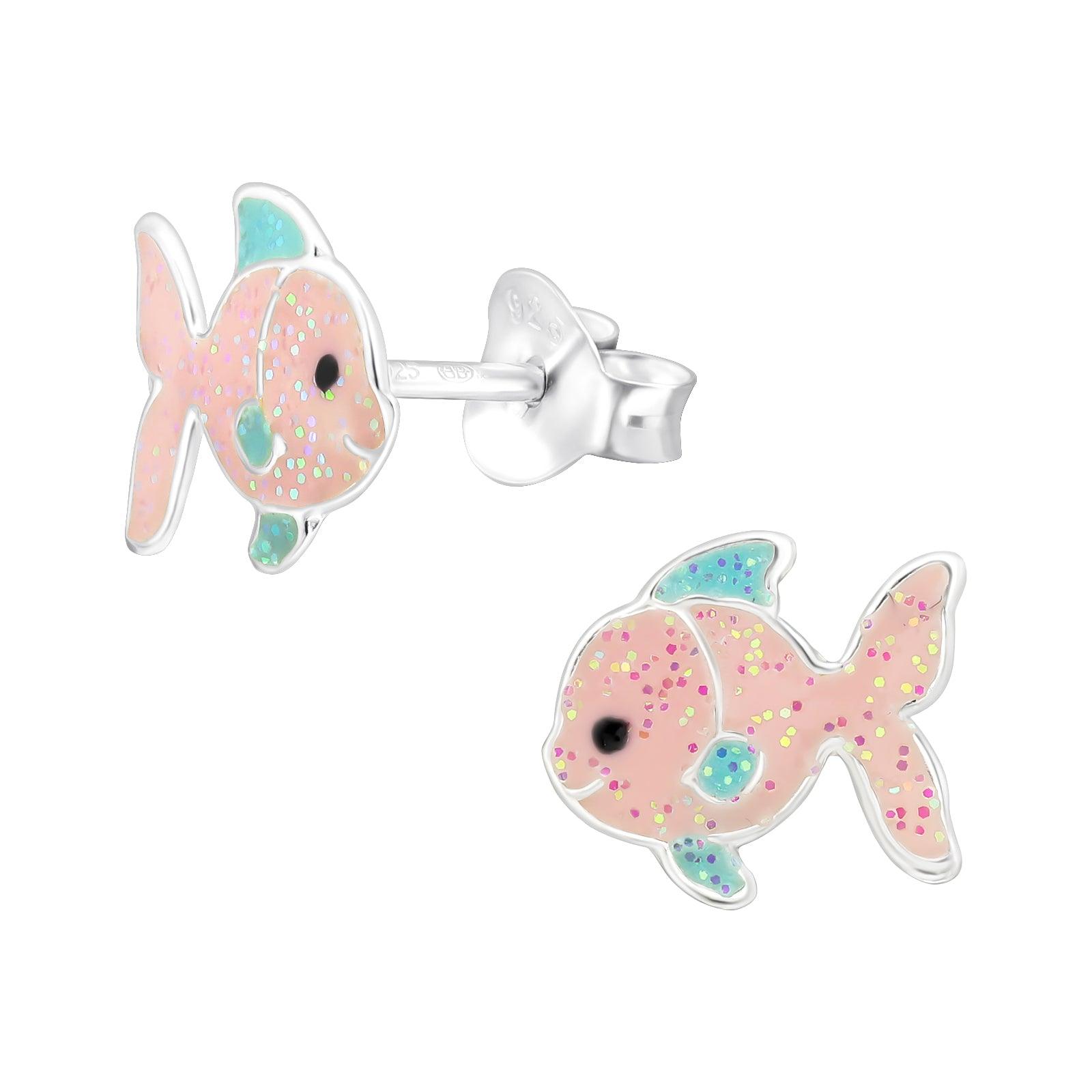 Children's silver studs, Pink Fish earrings