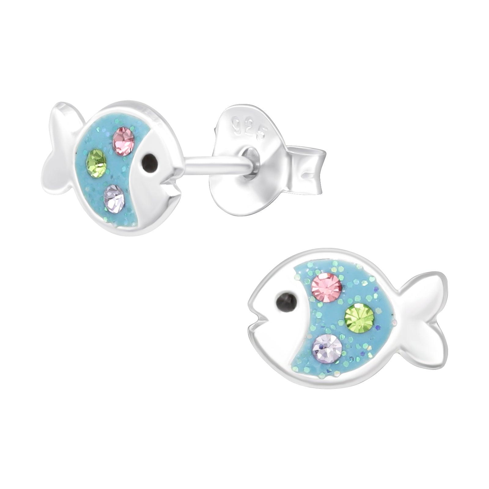 Children's silver studs, Blue Fish earrings