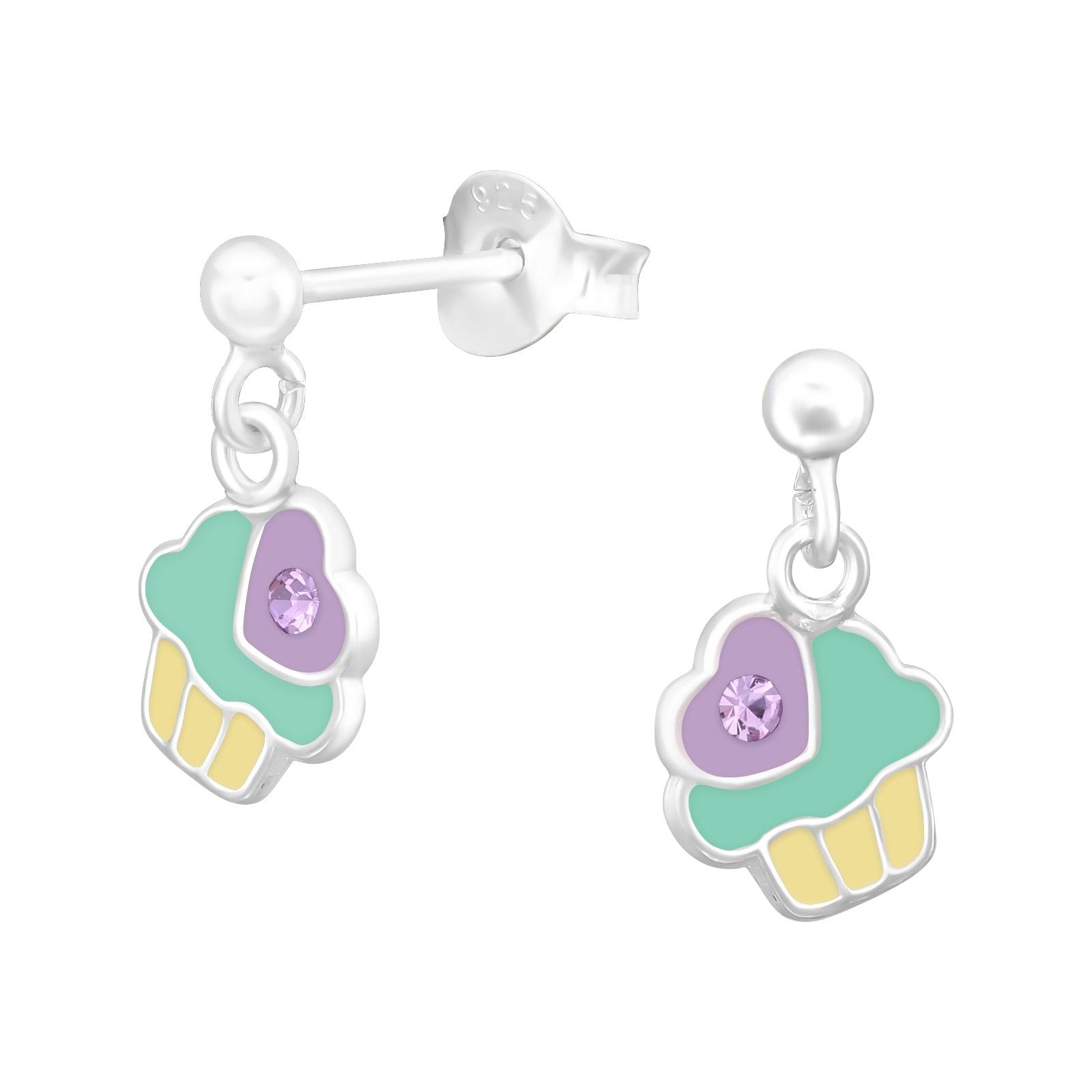 Children's silver earrings, Colourful Cup Cake earrings