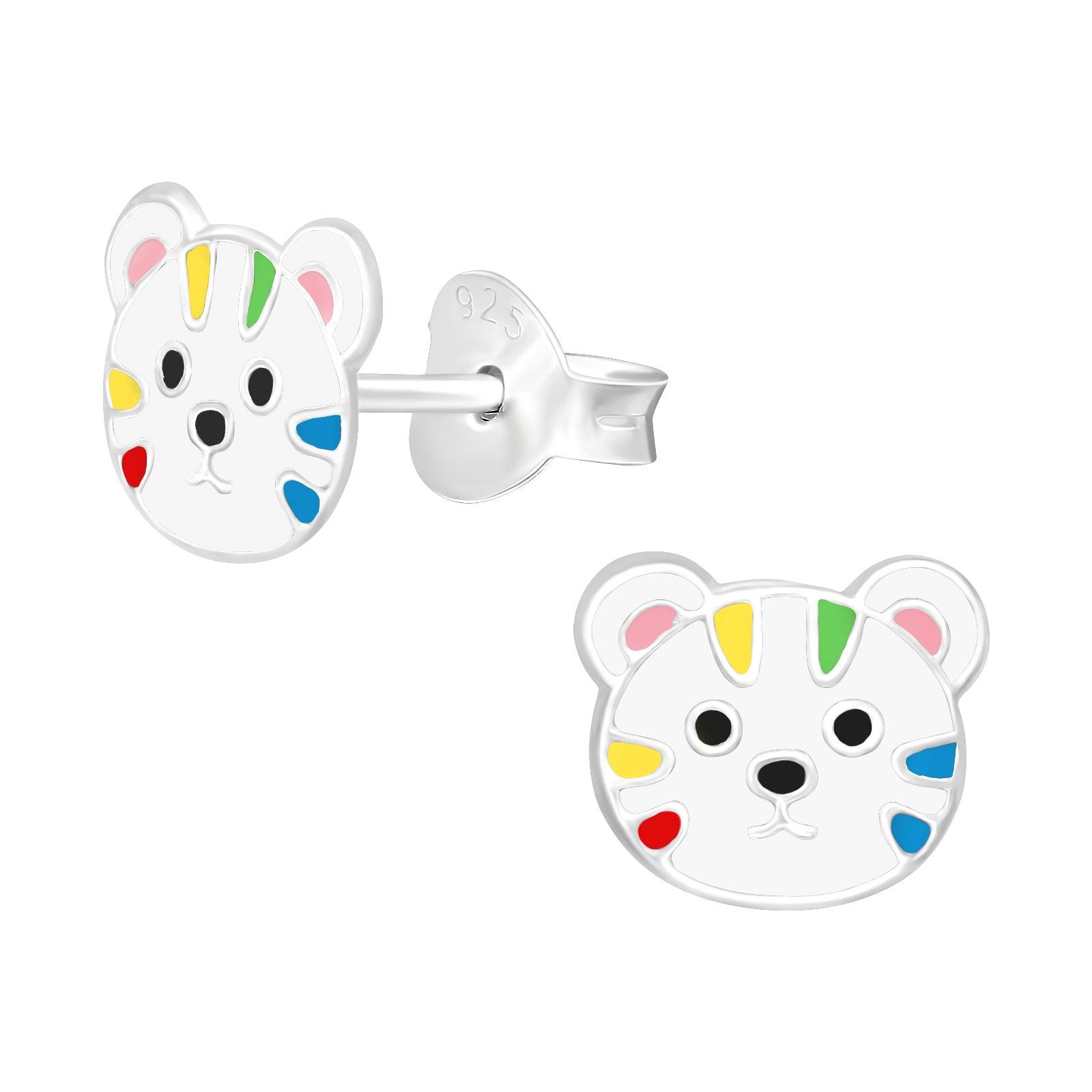 Children's silver studs, Rainbow Tiger colorful tiger earrings