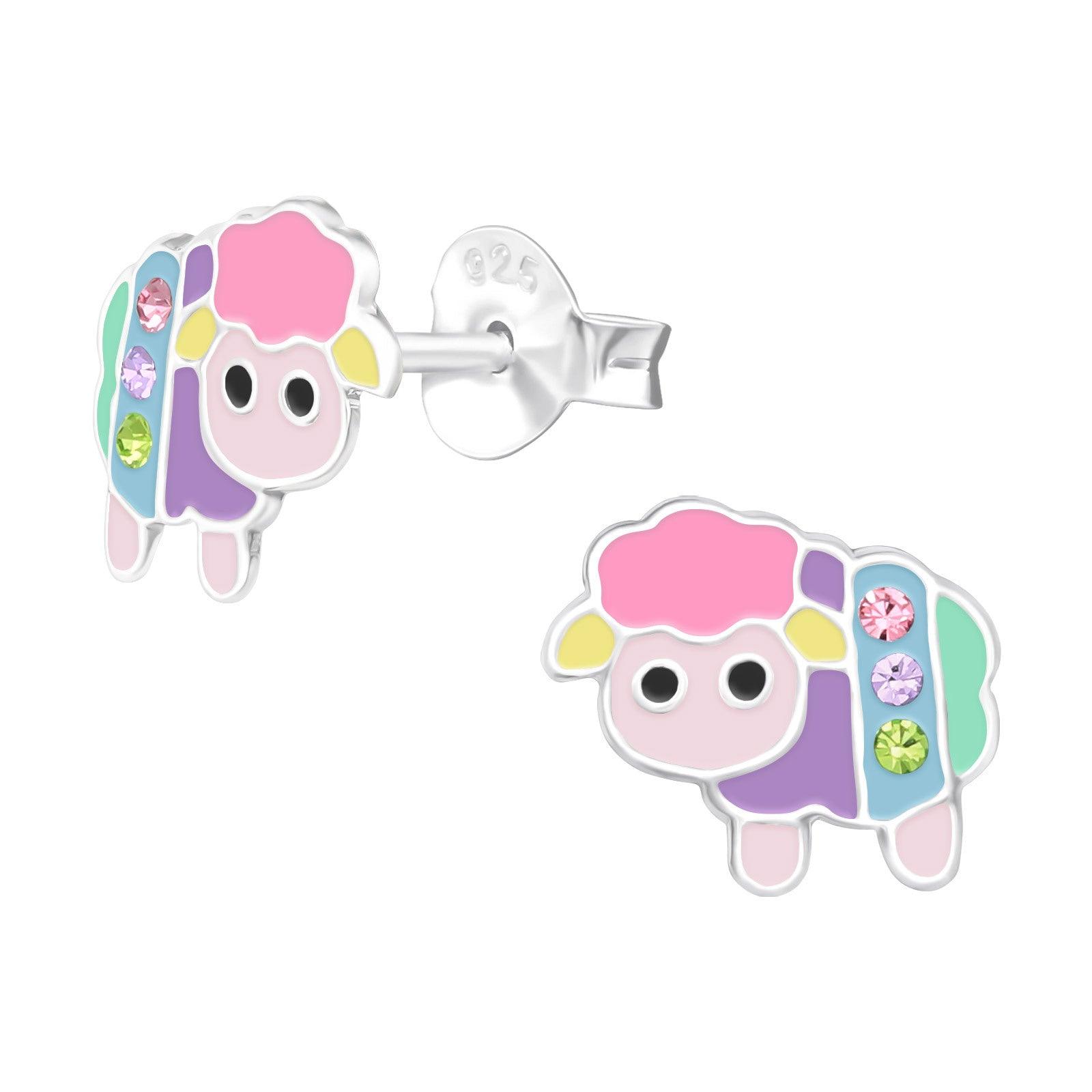 Children's silver studs, Happy Sheep colorful sheep earrings