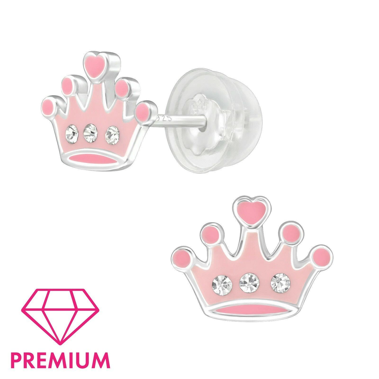 Kids' premium silver studs, Crown pink crown earrings