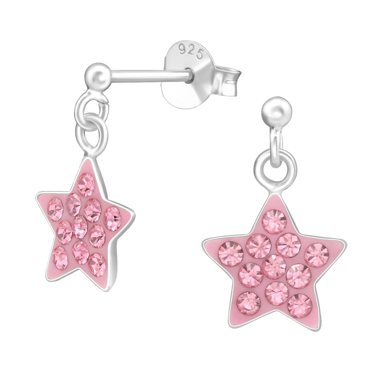 Children's silver earrings, Sparkly Star pink star earrings