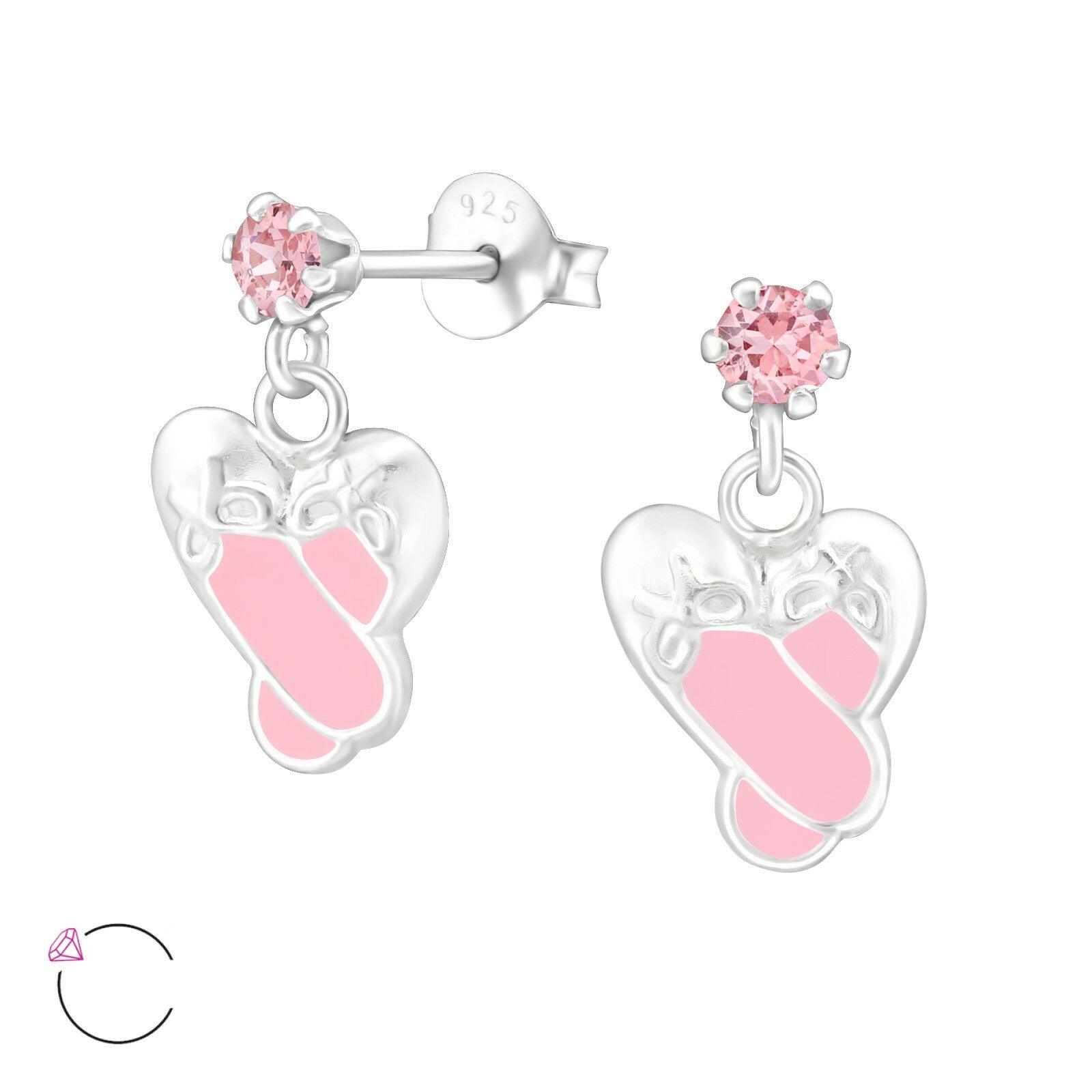 Children's silver earrings, Ballerina pink ballet slippers