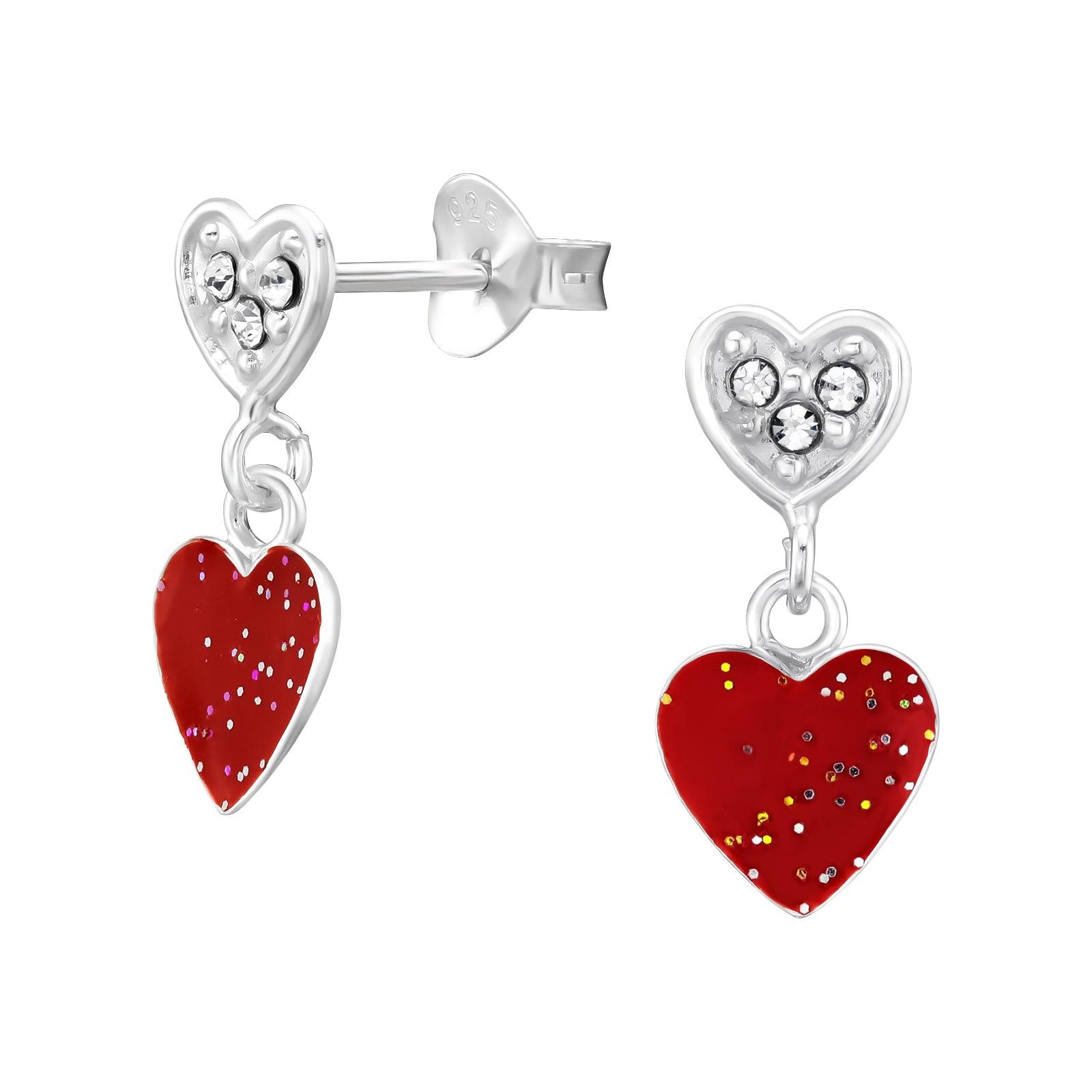 Children's silver earrings, Glitter Heart red heart earrings