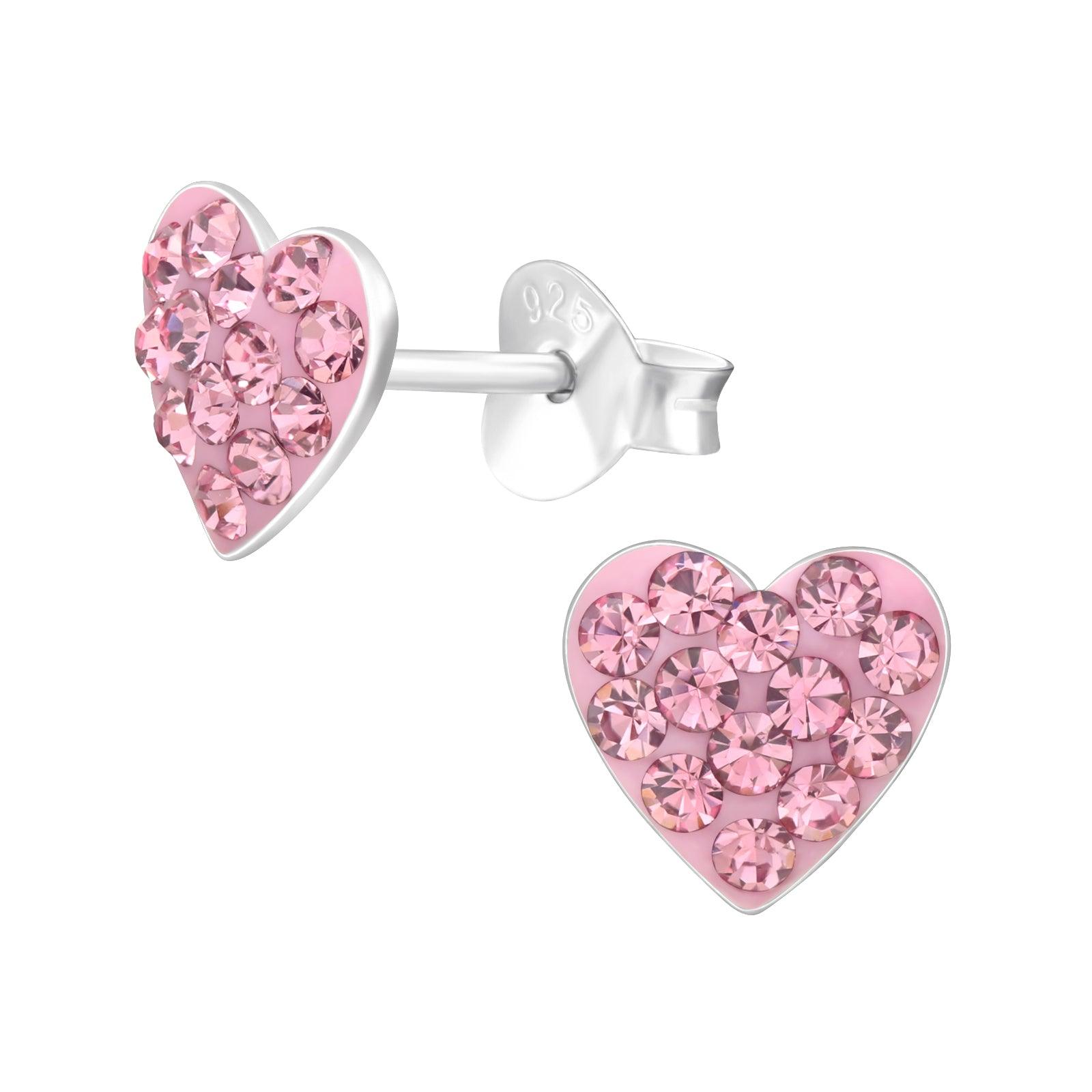 Children's silver studs, Crystal Heart pink glitter heart earrings