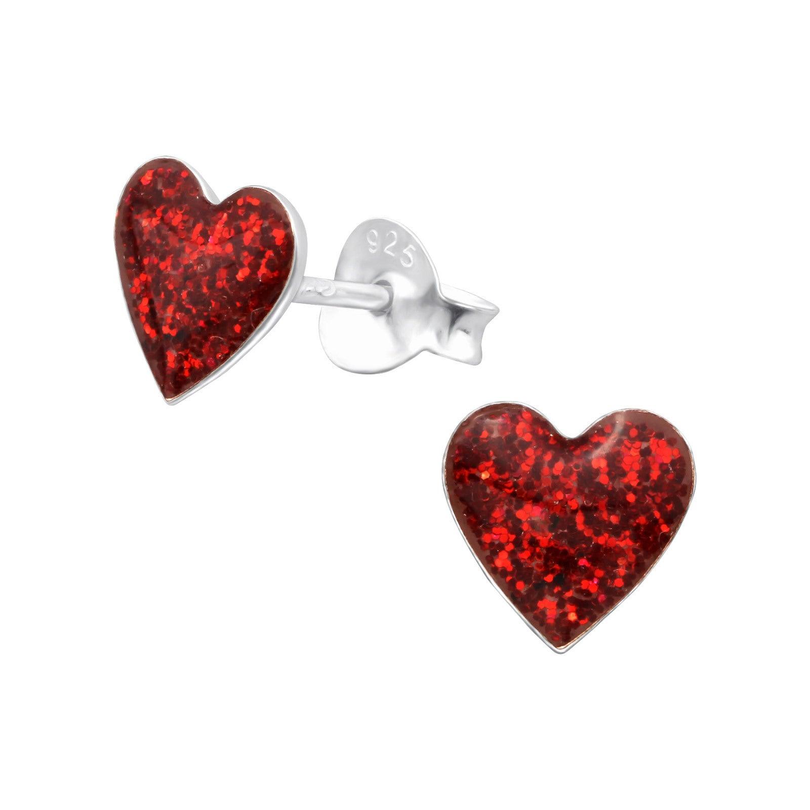 Children's silver studs, Glitter Heart -red glitter heart earrings