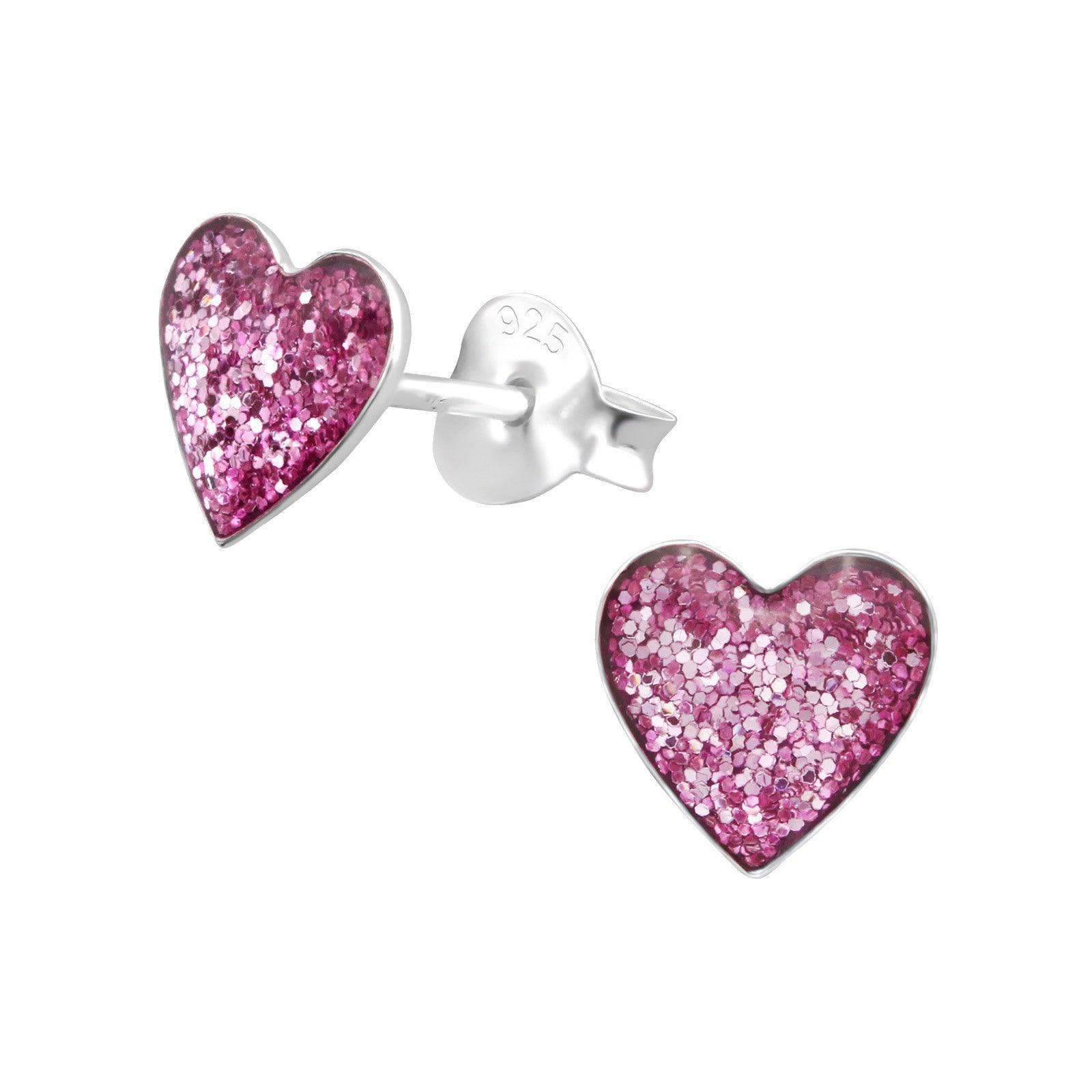 Children's silver studs, Glitter Heart -lilac glitter heart earrings