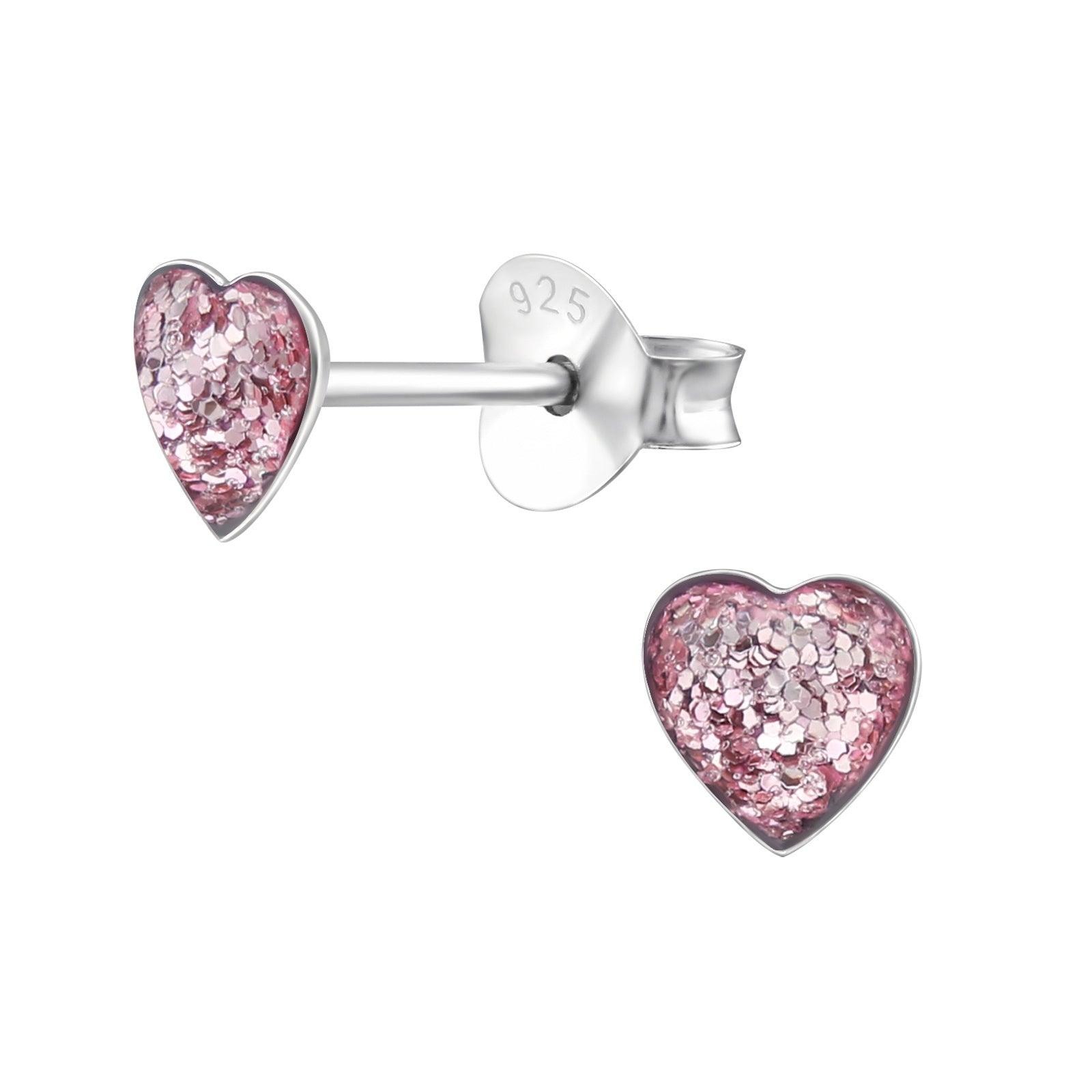 Children's silver studs, Mini Glitter Heart -lilac glitter heart earrings