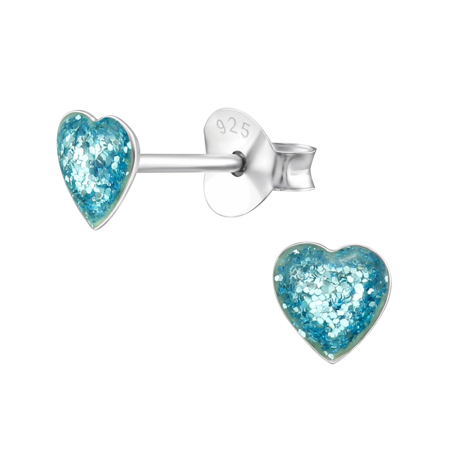 Children's silver buttons, Mini Glitter Heart - turquoise glitter hearts