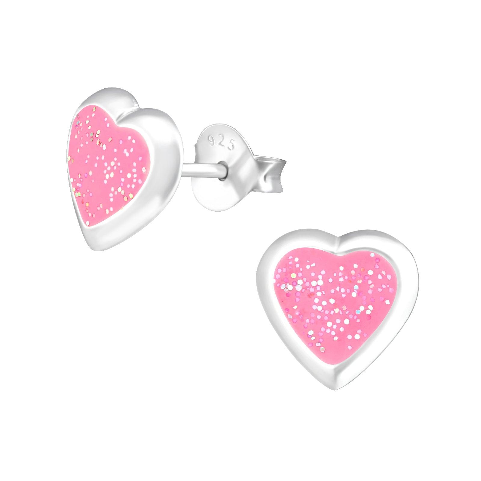 Children's silver studs, Cute Heart pink heart earrings