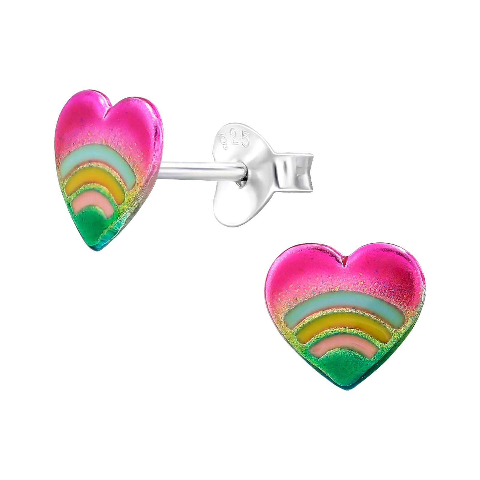 Children's silver studs, Rainbow Heart metallic heart earrings