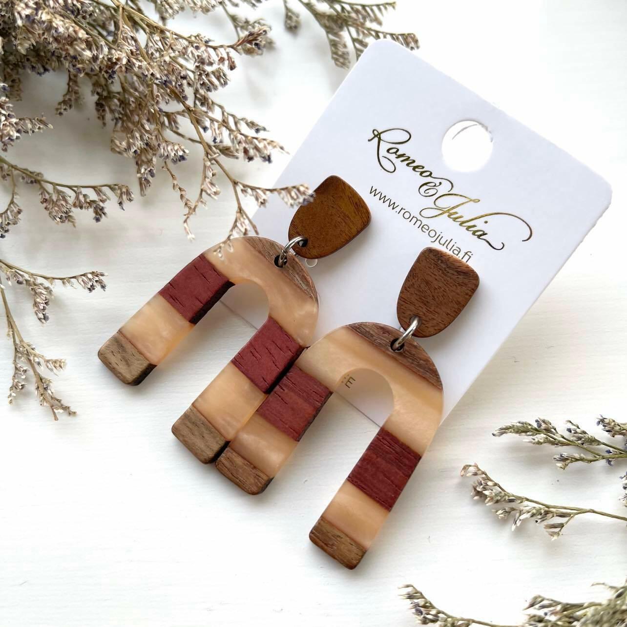 Earrings, Wooden Stripes -brown wooden earrings