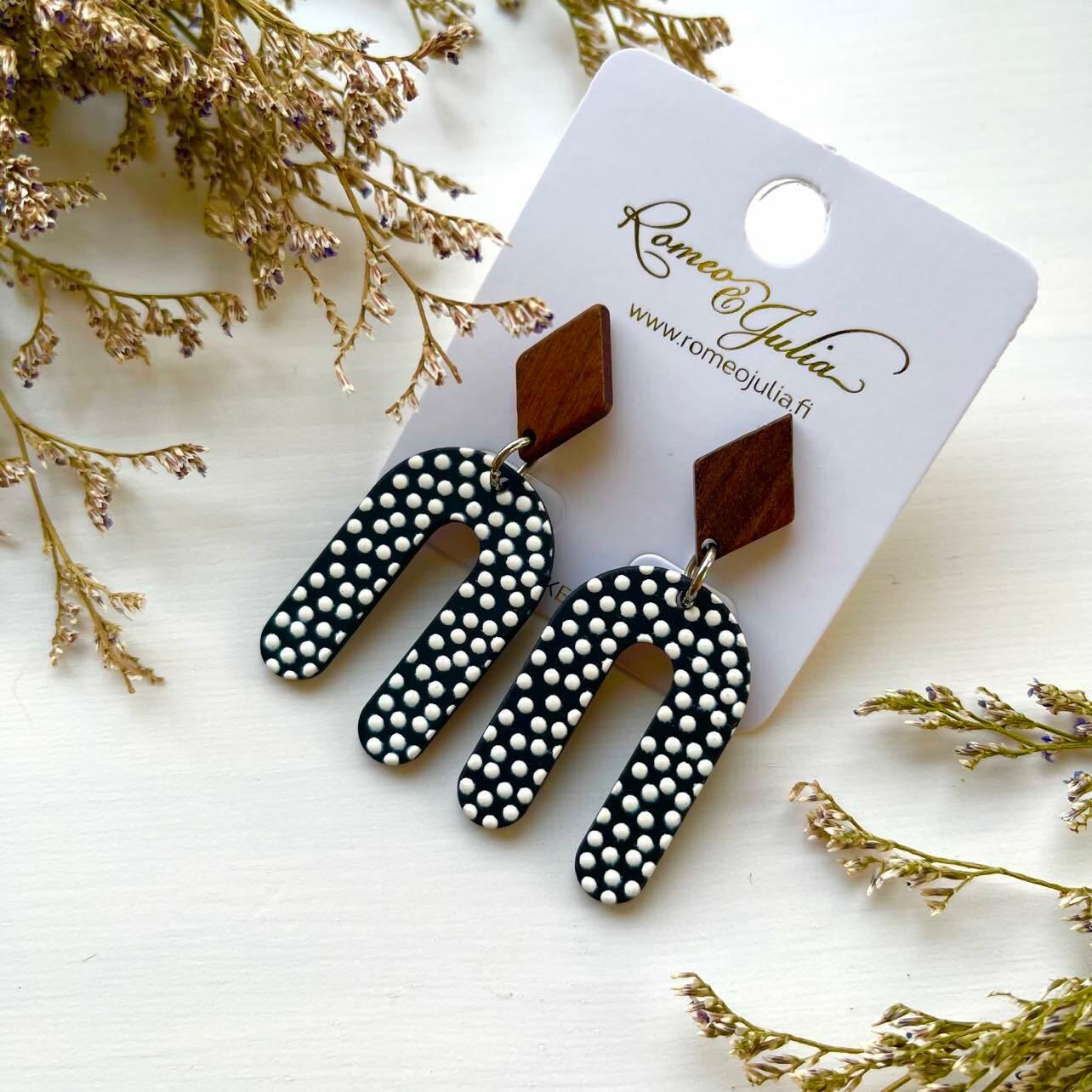 Earrings, Black'n White polka dot modern earrings