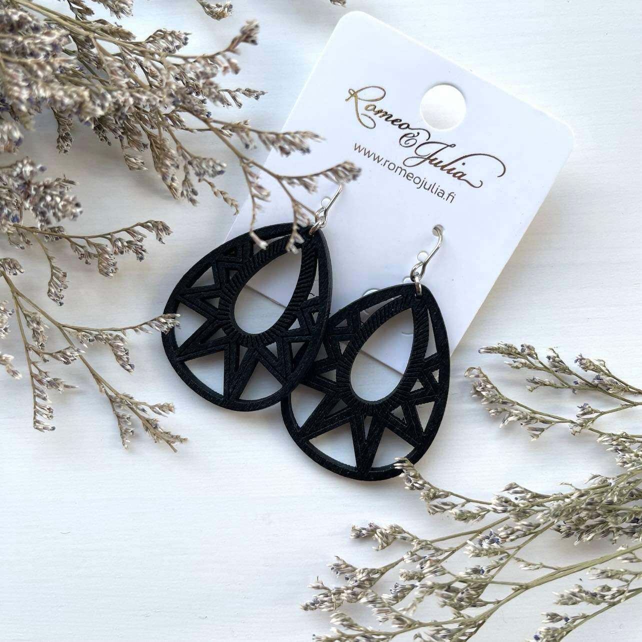 Earrings, Black Teardrop - black teardrop-shaped wooden earrings