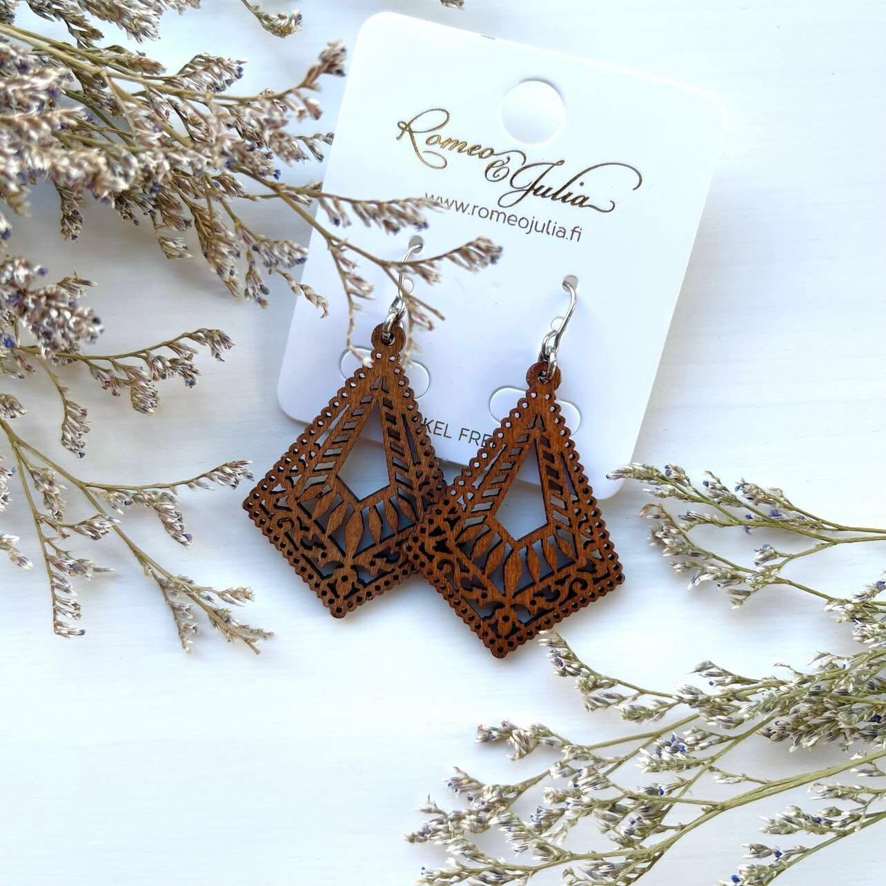 Earrings, Brown Lace - brown lace-decorated wooden earrings