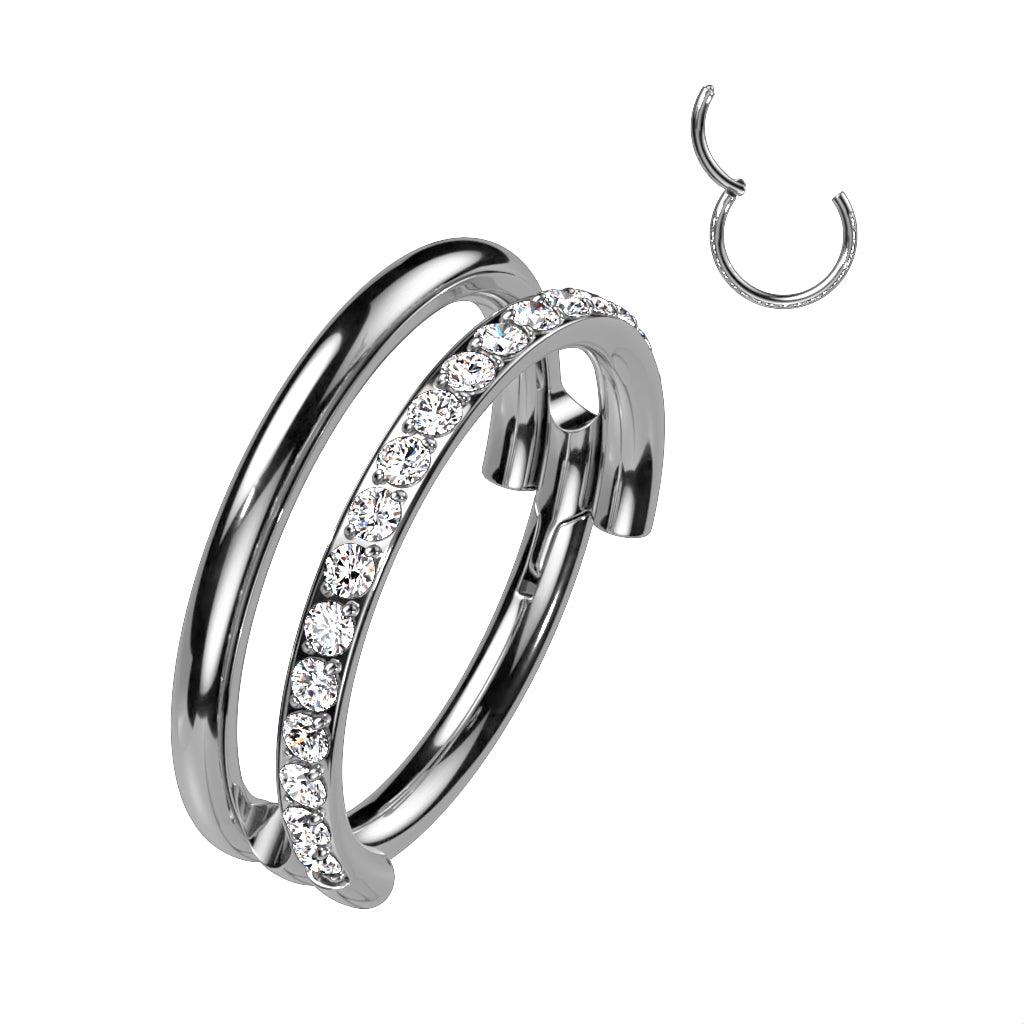 Piercing ring 1.2mm, Titanium Double Line CZ titanium clicker