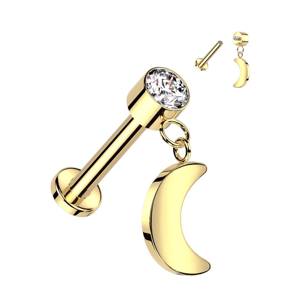 Rustokoru/traguskoru, Crescent Moon Dangle in Gold -titaaninen labret