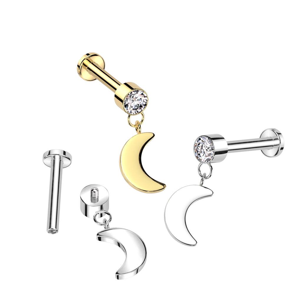 Cartilage jewelry/tragus jewelry, Crescent Moon Dangle in Gold titanium labret