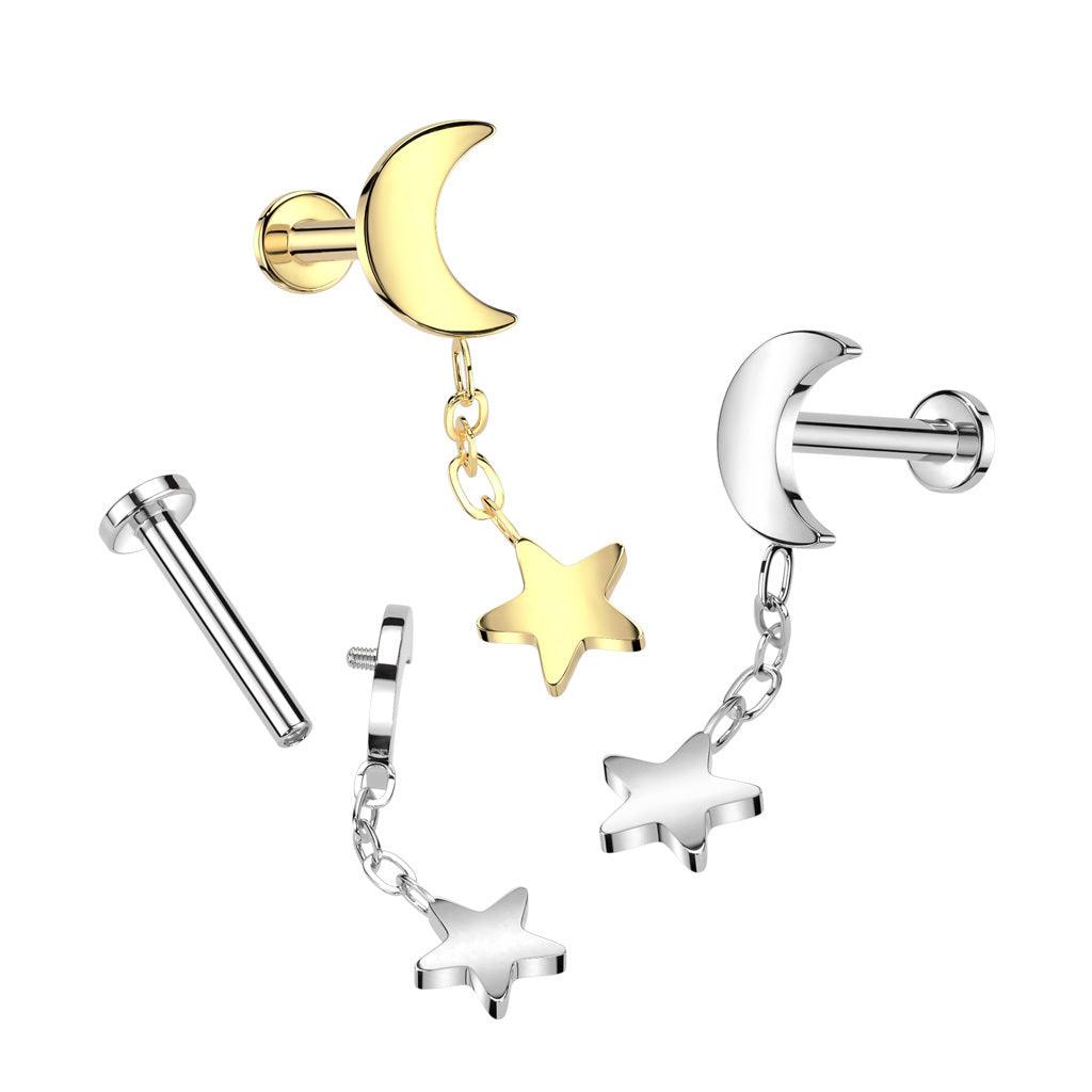 Cartilage jewelry/tragus jewelry, Crescent Star Dangle in Gold titanium labret