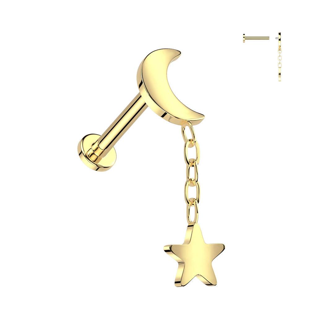 Rustokoru/traguskoru, Crescent Star Dangle in Gold -titaaninen labret