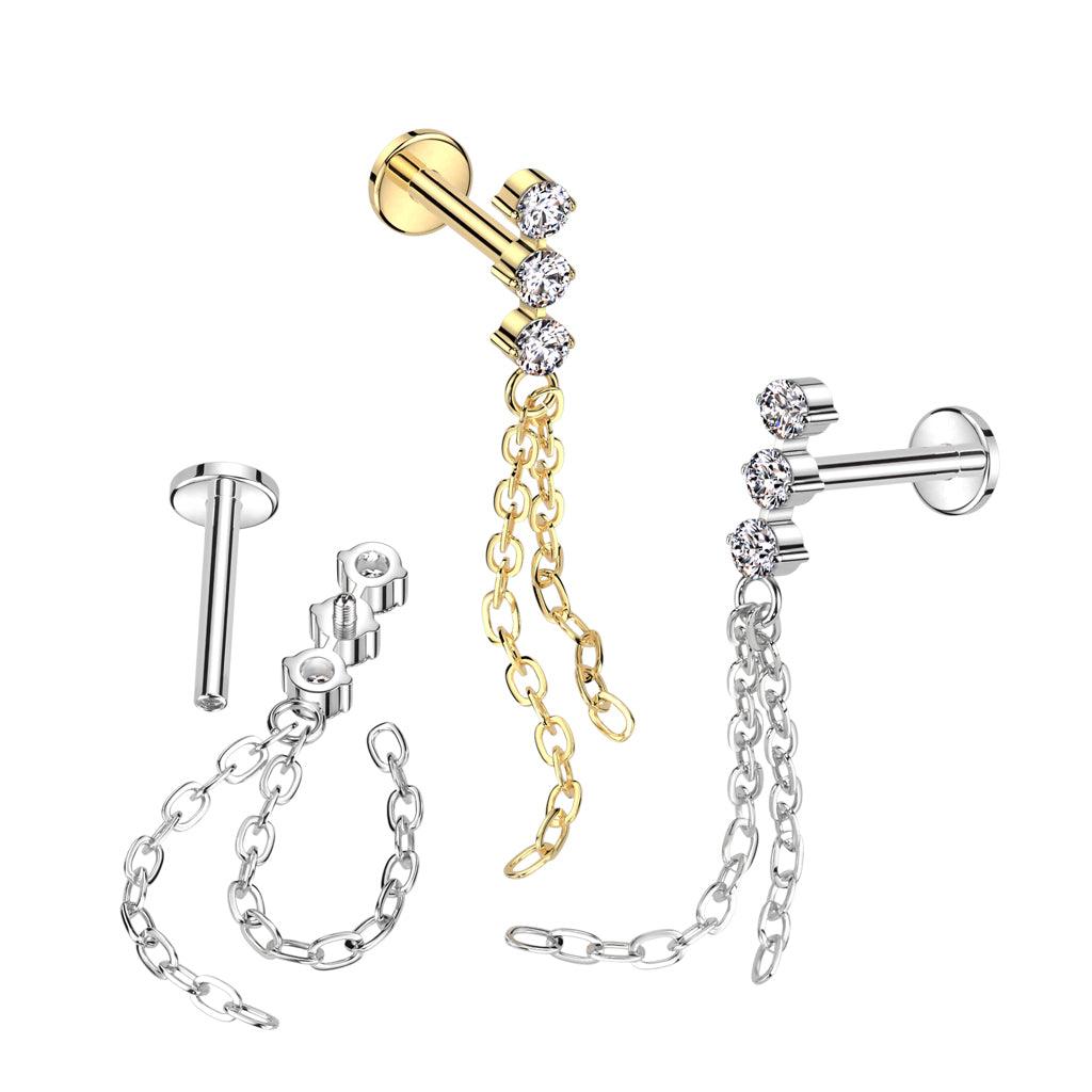 Cartilage jewelry/tragus jewelry, CZ Chain Dangle in Gold -titanium labret