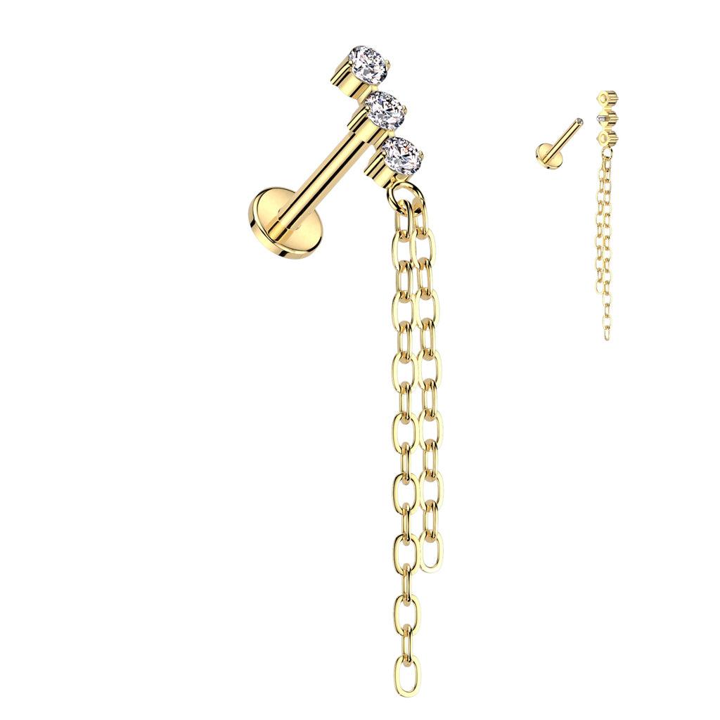 Cartilage jewelry/tragus jewelry, CZ Chain Dangle in Gold -titanium labret