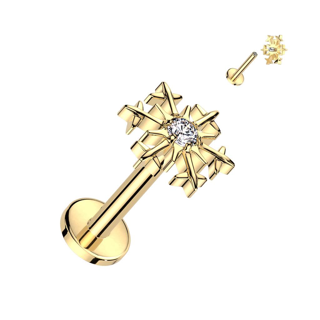 Cartilage/tragus jewelry, Snowflake Top in Gold titanium labret