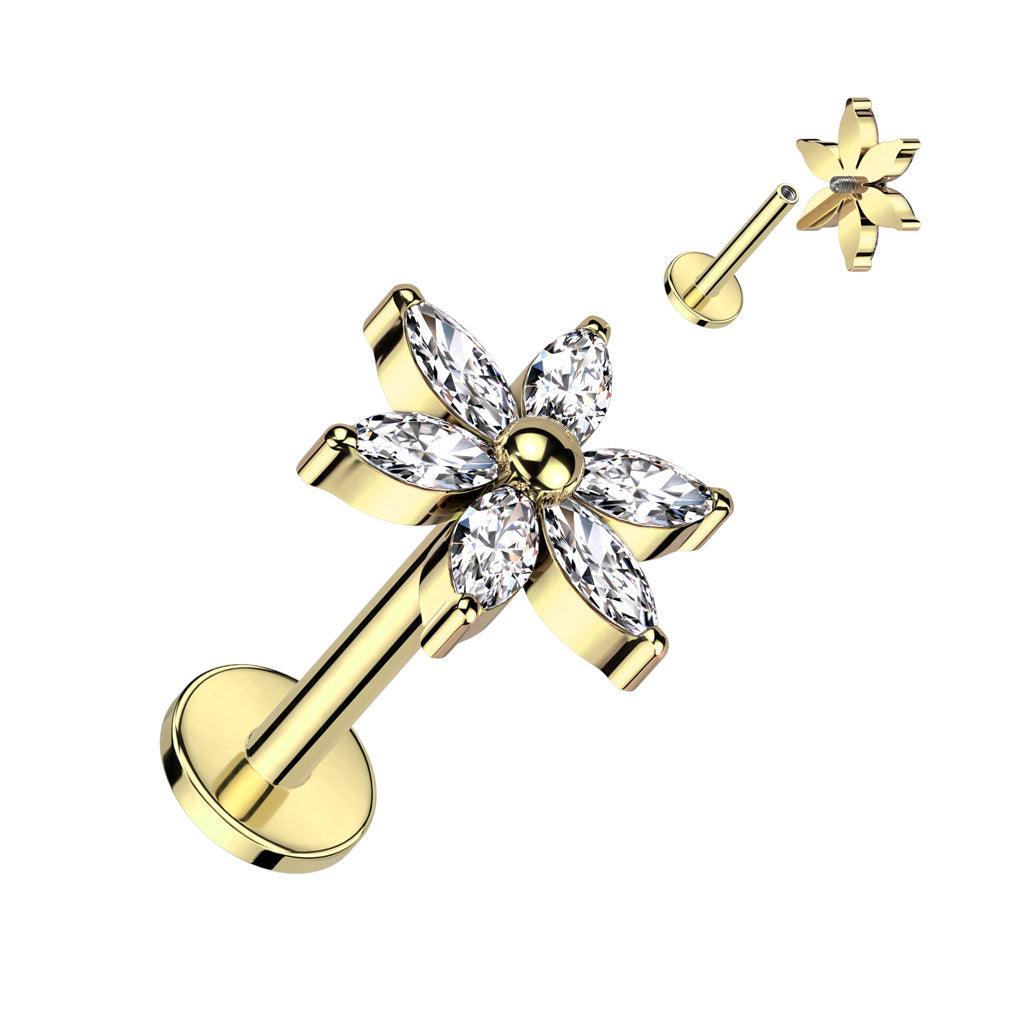 Cartilage jewelry/tragus jewelry, Flower Top in Gold titanium labret