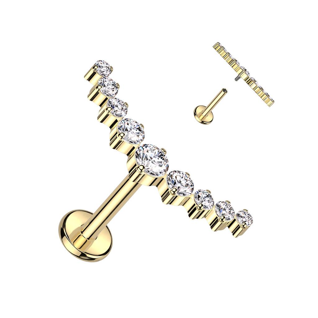 Cartilage jewelry/tragus jewelry, Curved CZ Top in Gold titanium labret